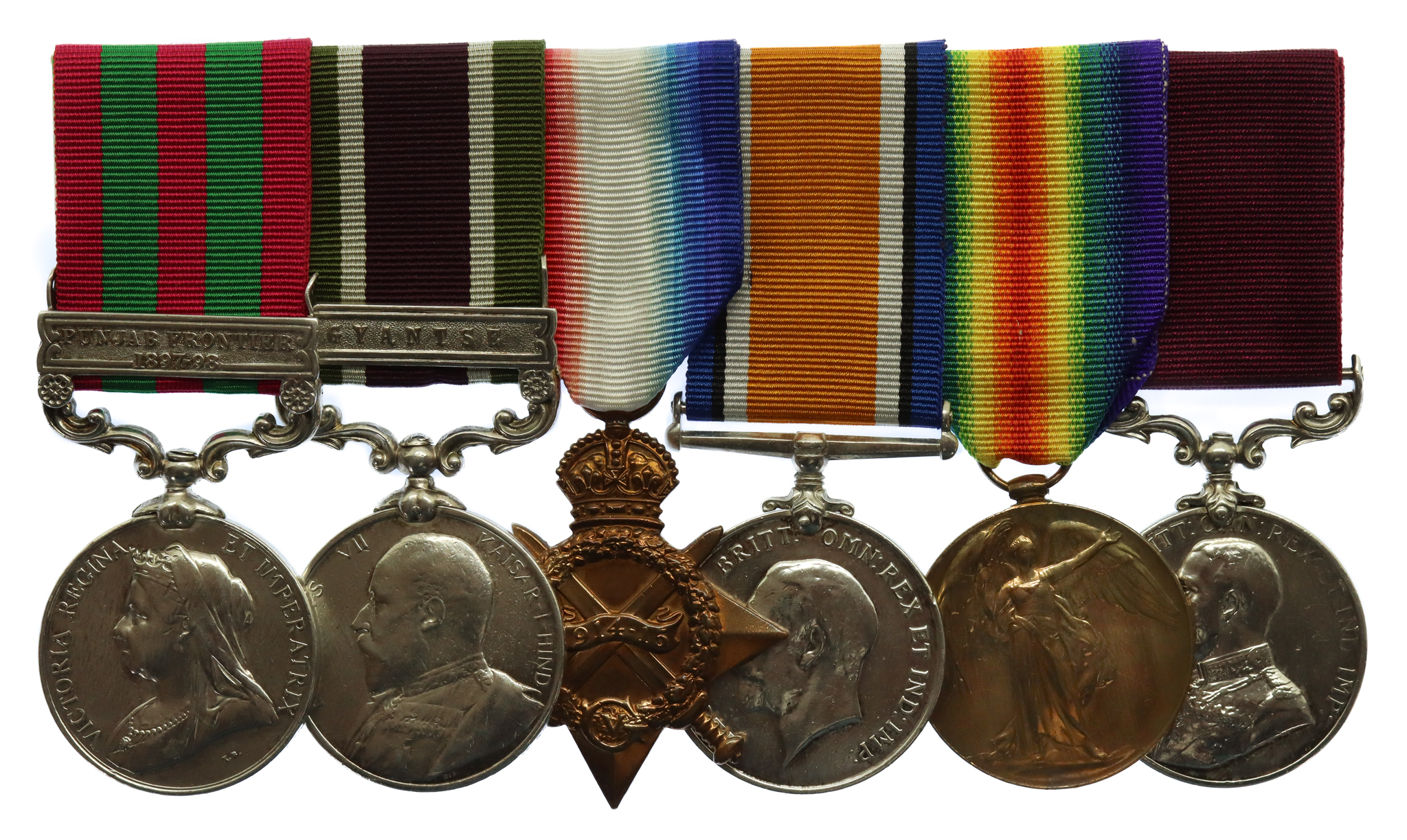 1895 IGS (Punjab Frontier 1897-98), Tibet Medal (Clasp - Gyantse), WW1 1914-15 Star Trio and Army LS&GC Medal Group of Six - W.O.II. A.H. Taylor, 7th Mtn By. Royal Artillery