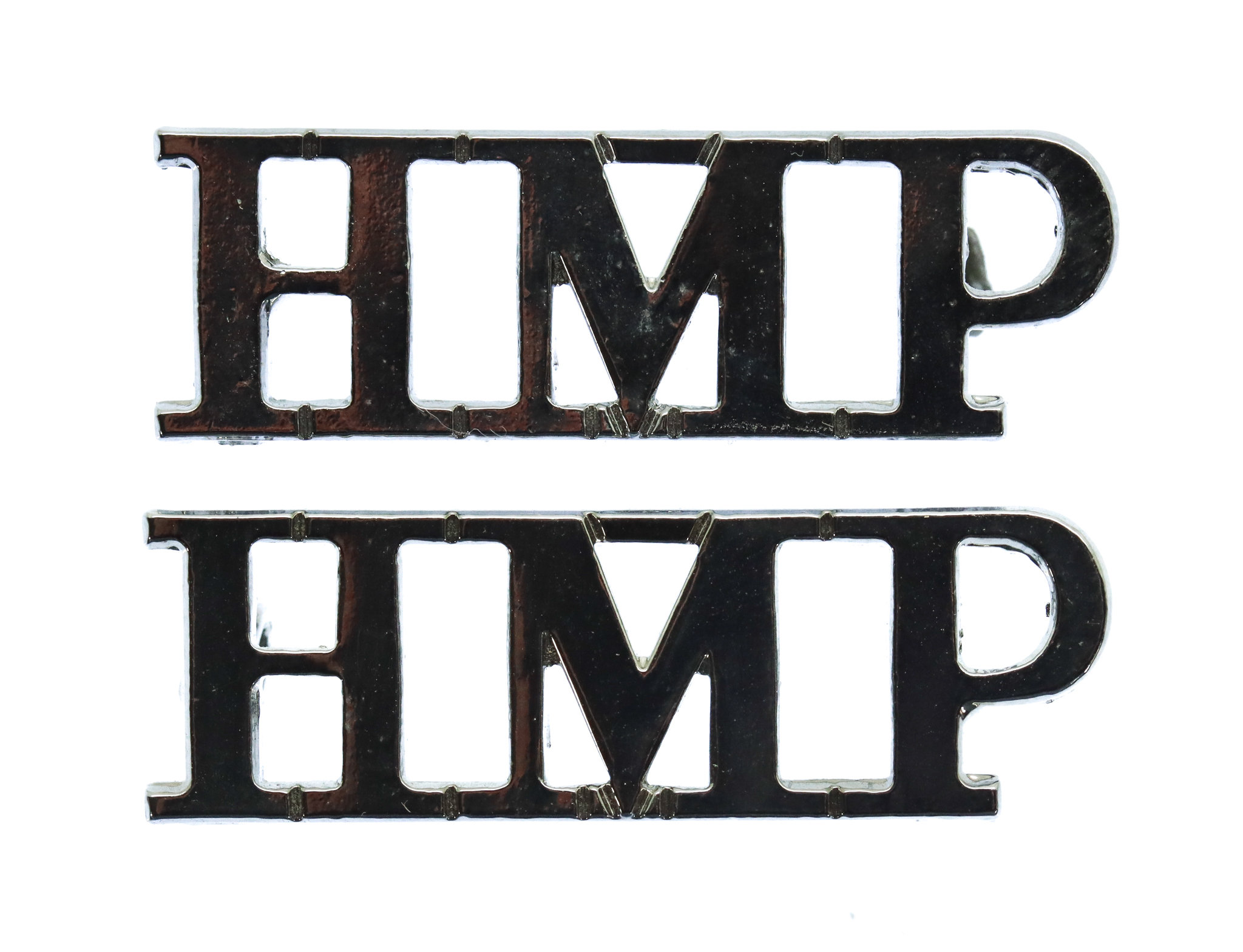 Pair of H.M.Prison Service (H.M.P.) Chrome Shoulder Titles