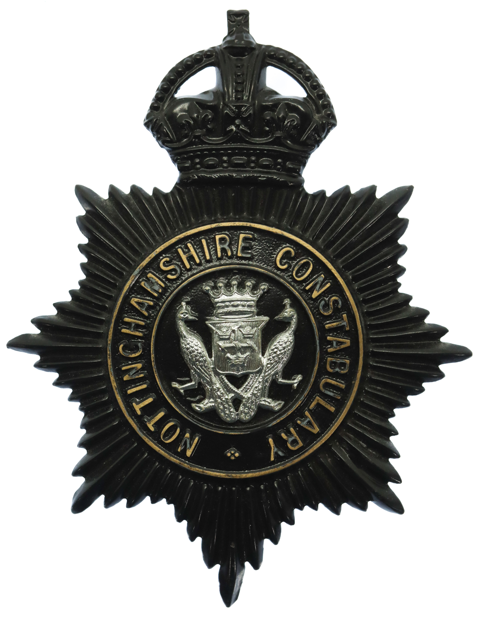 Nottinghamshire Constabulary Black Helmet Plate (Peacocks COA Centre) - King's Crown