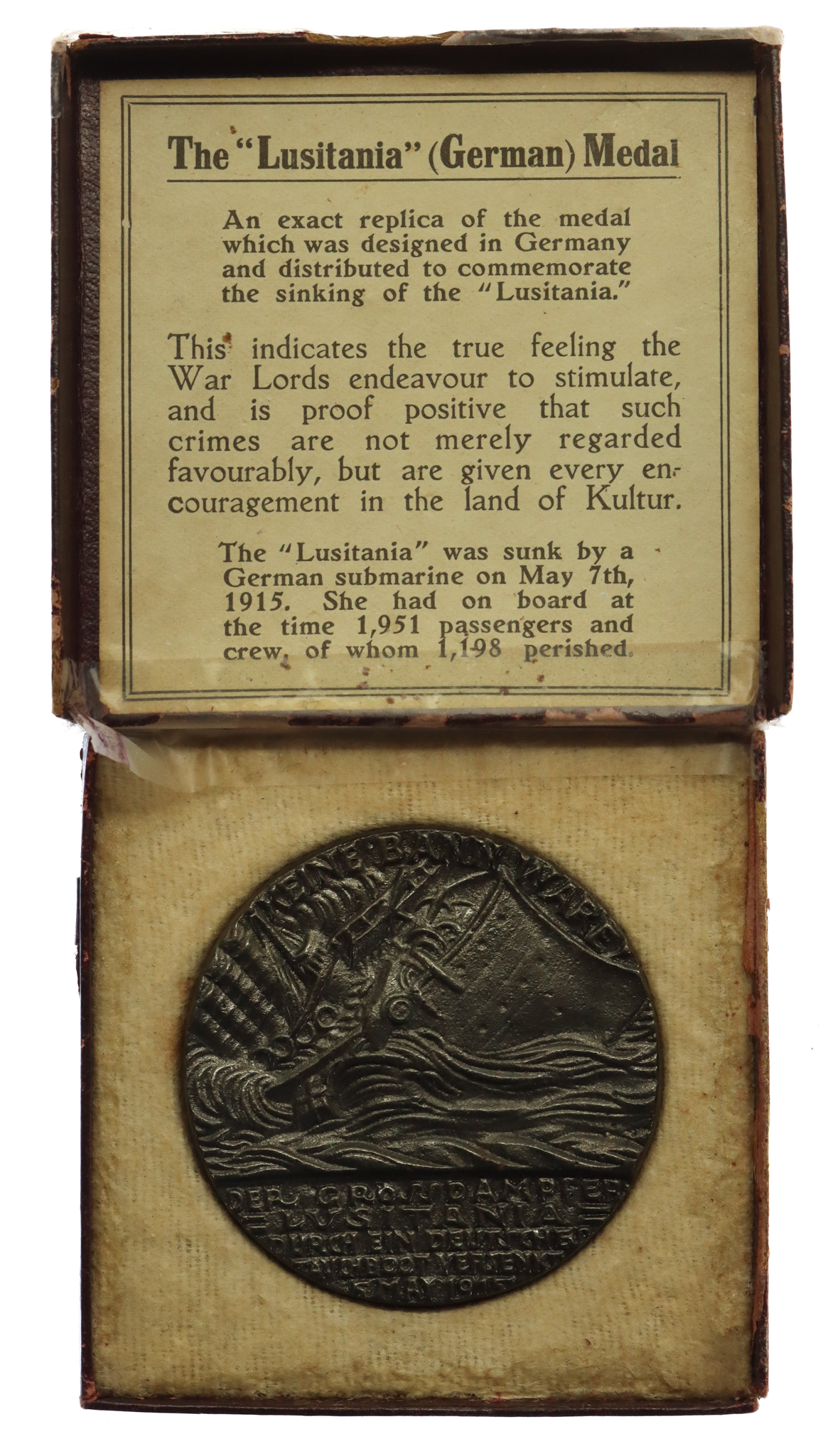WW1 RMS Lusitania 1915 Medal in Box