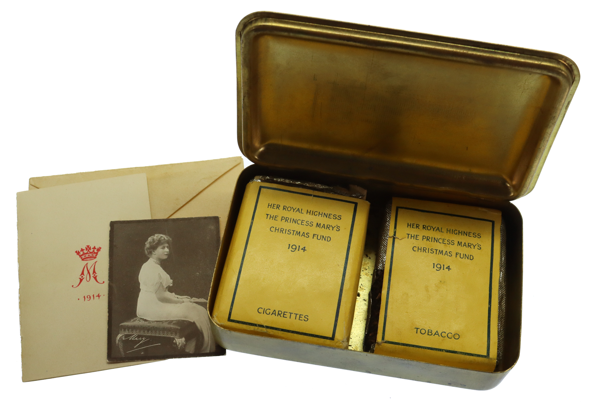 WW1 1914 Princess Mary Christmas Gift Tin with Contents - Cigarettes, Tobacco, Christmas Card, Envelope & Photo