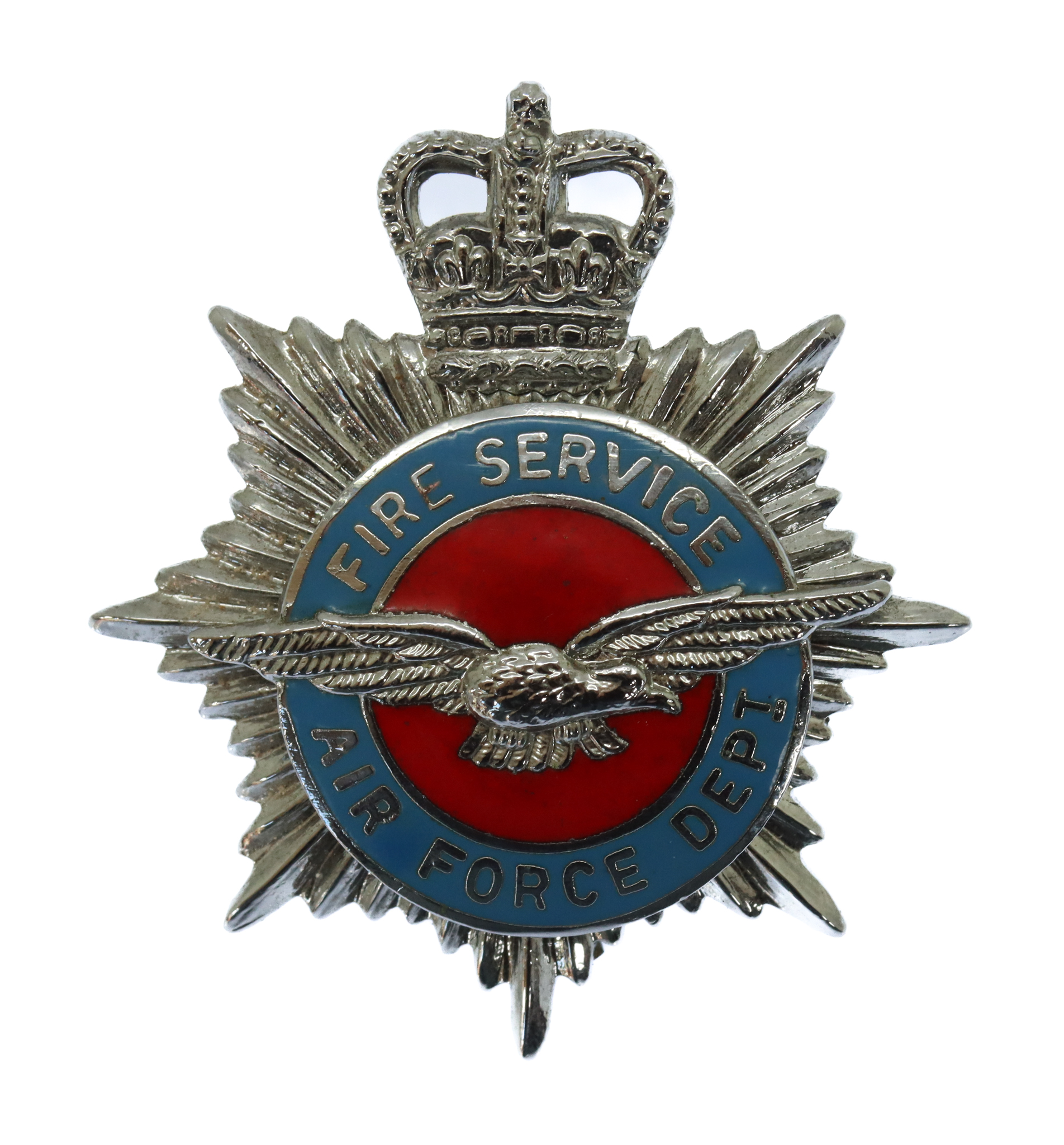 Air Force Department Fire Service Enamelled Cap Badge - Queen's Crown