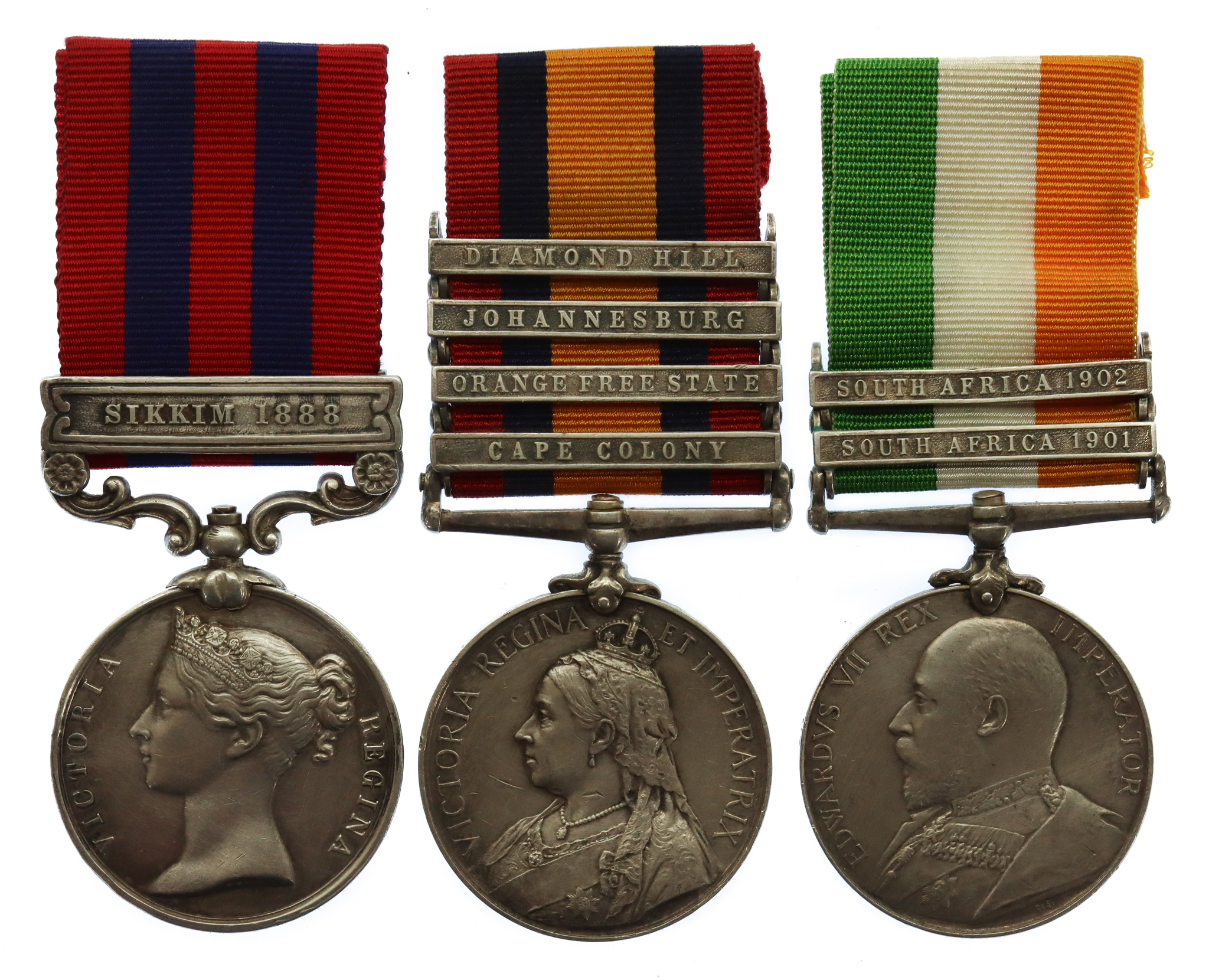 1854 India General Service Medal (Clasp - Sikkim 1888), Queen's South Africa Medal (4 Clasps) and King's South Africa Medal (2 Clasps) Group of Three - Pte. T. Gregory, Notts & Derby Regiment (Sherwood Foresters)