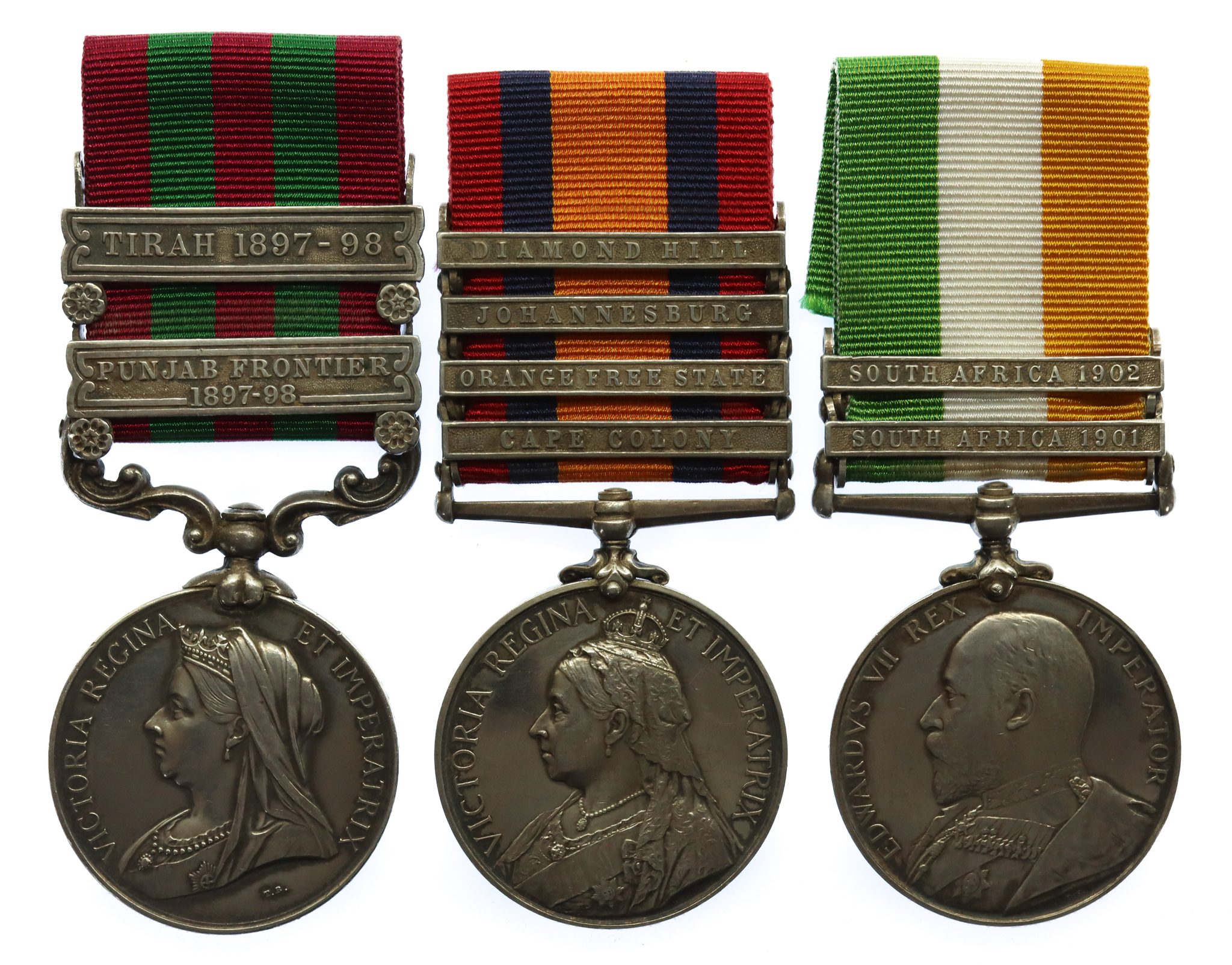1895 IGS (Clasps - Punjab Frontier 1897-98, Tirah 1897-98), QSA (4 Clasps) and KSA (2 Clasps) Medal Group of Three - Pte. J. Trickett, Derbyshire Regiment (Sherwood Foresters)