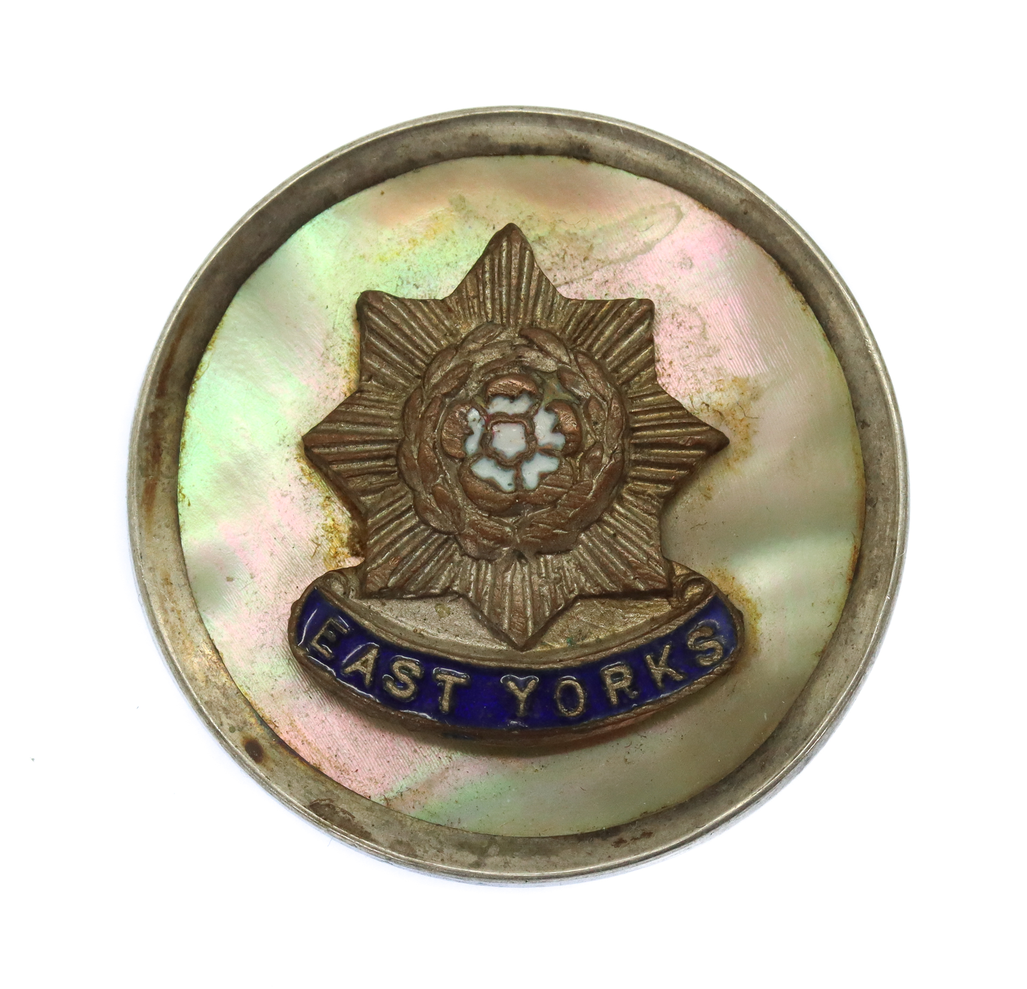 East Yorkshire Regiment Mother of Pearl & Silver Rim Sweetheart Brooch