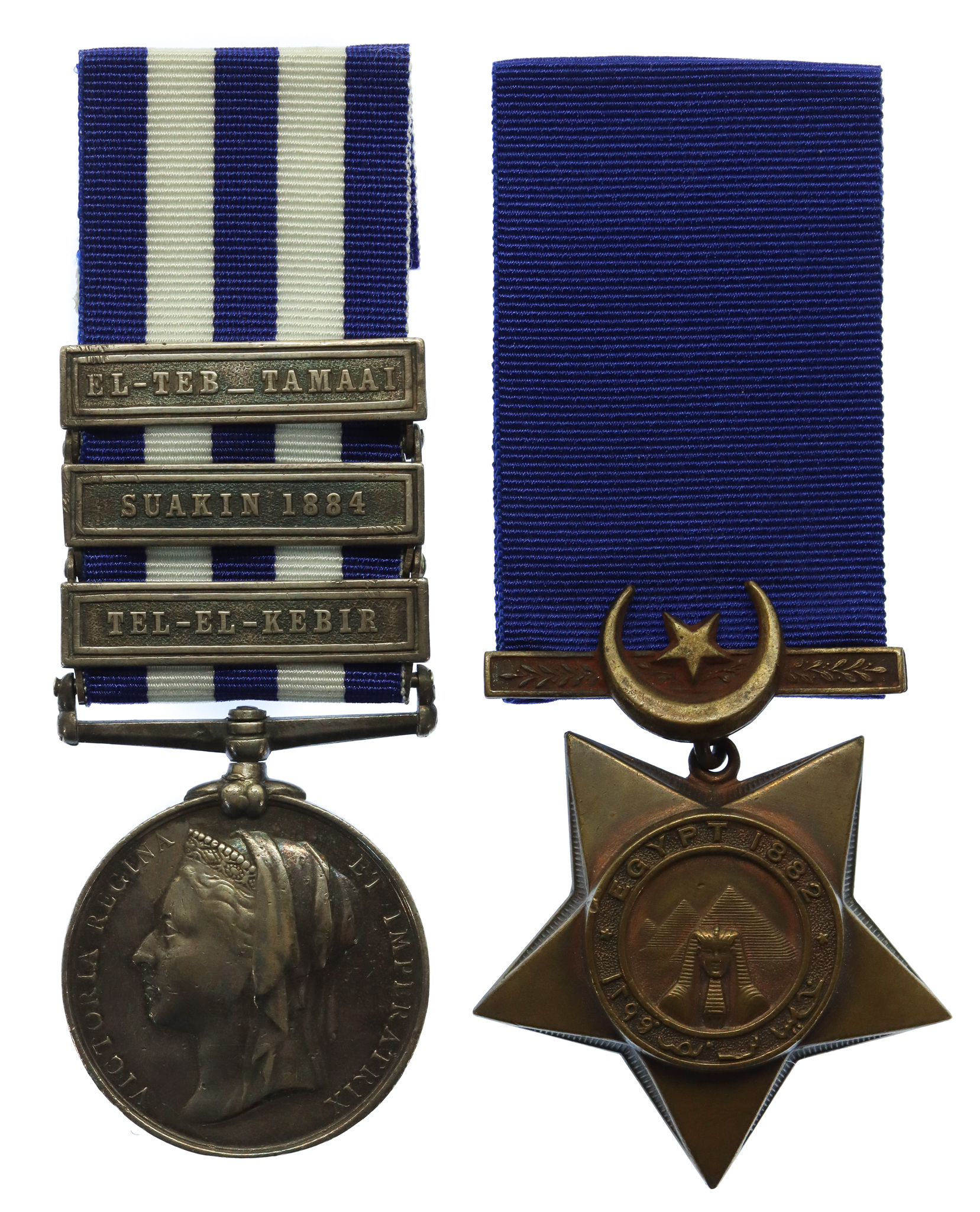 Egypt Medal (3 Clasps - Tel-El-Kebir, Suakin 1884, El-Teb_Tamaai) and Khedives Star 1882 Medal Pair - Pte. J. Johnson, 3rd King's Royal Rifle Corps