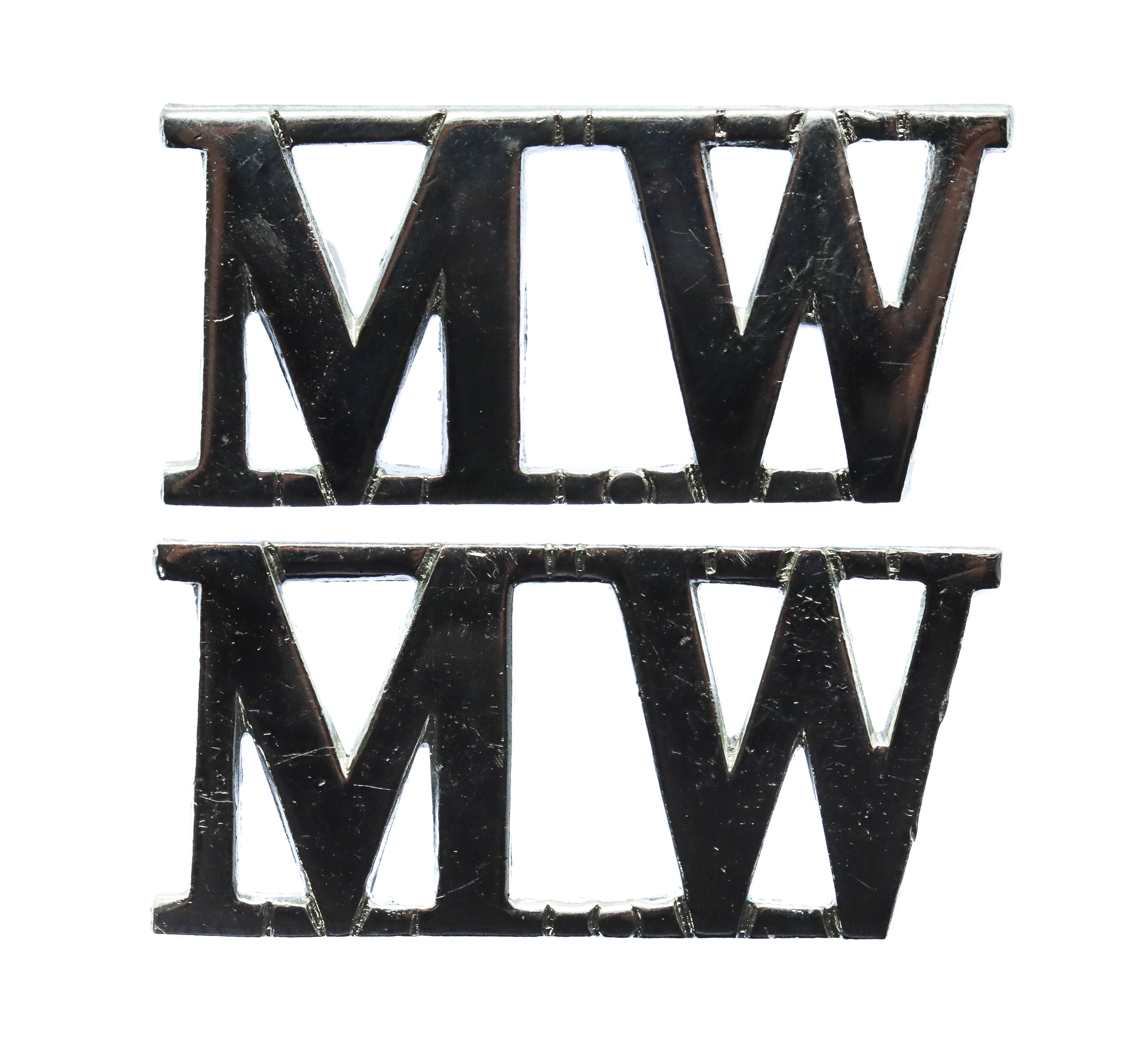 Pair of Mid-Wales Constabulary (M.W.) Chrome Shoulder Titles/Epaulette Badges