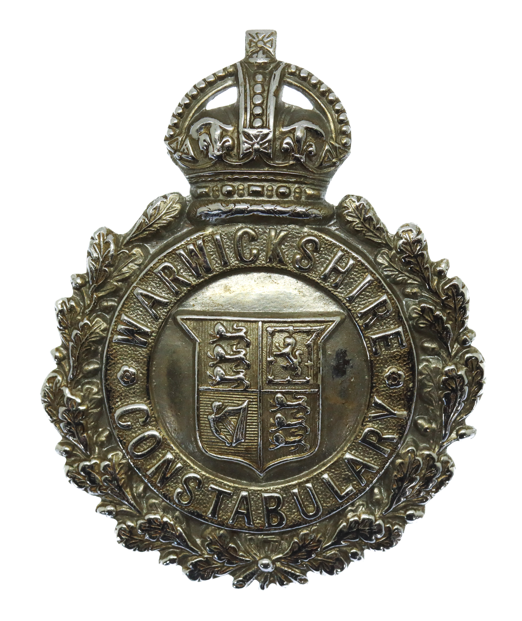 Warwickshire Constabulary Small Chrome Wreath Helmet Plate - King's Crown