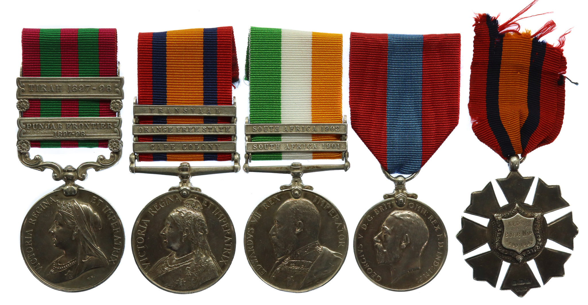 1895 IGS (Clasps - Punjab Frontier 1897-98, Tirah 1897-98), QSA (3 Clasps), KSA (2 Clasps), Imperial Service Medal and Boer War Commemorative Medal Group - Cpl. A. Edge, 1st Bn. Derbyshire Regiment (Sherwood Foresters)
