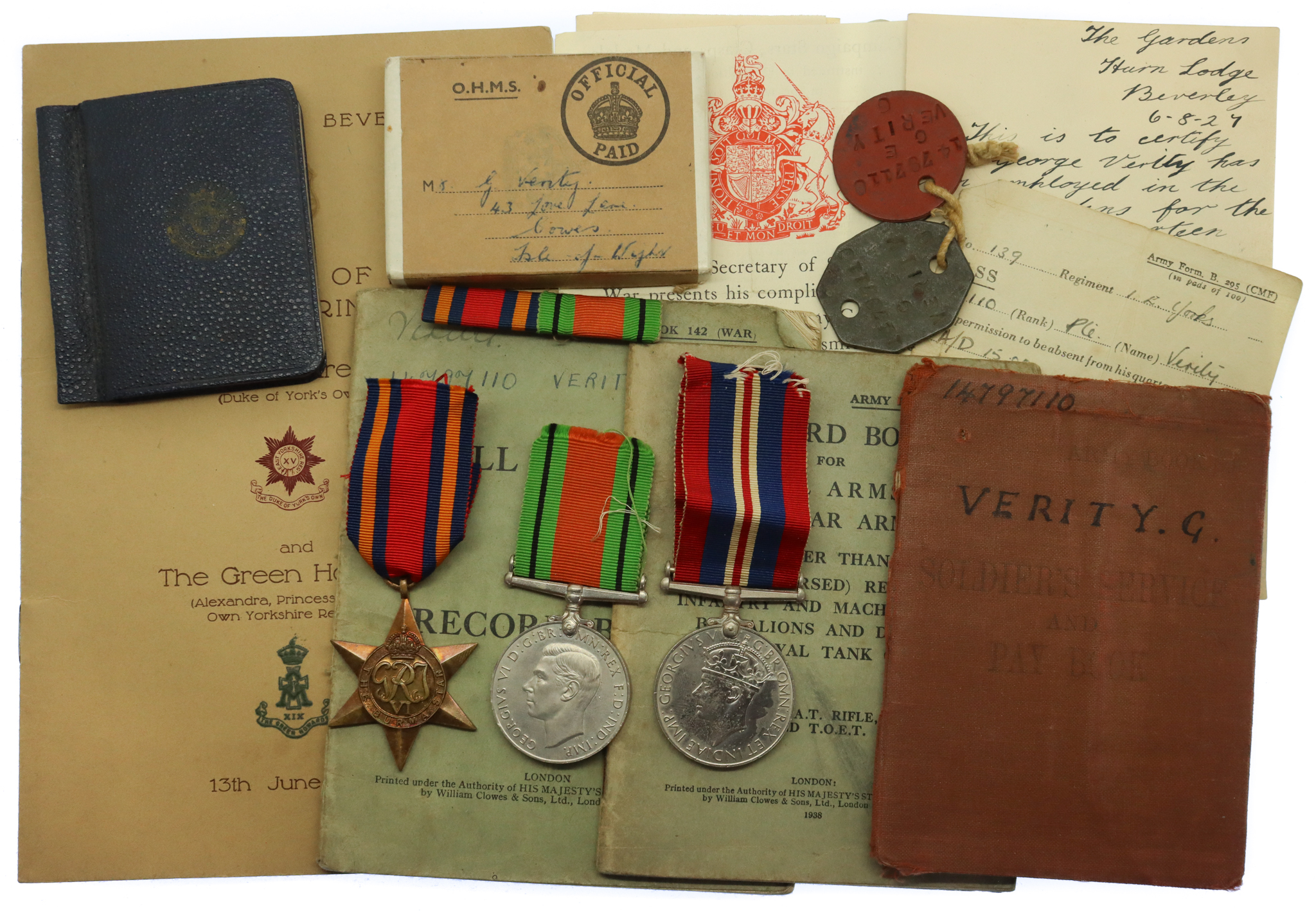 WW2 Medal Group of Three with Dog Tags and Original Documents - Pte. G. Verity, 1st Bn. East Yorkshire Regiment