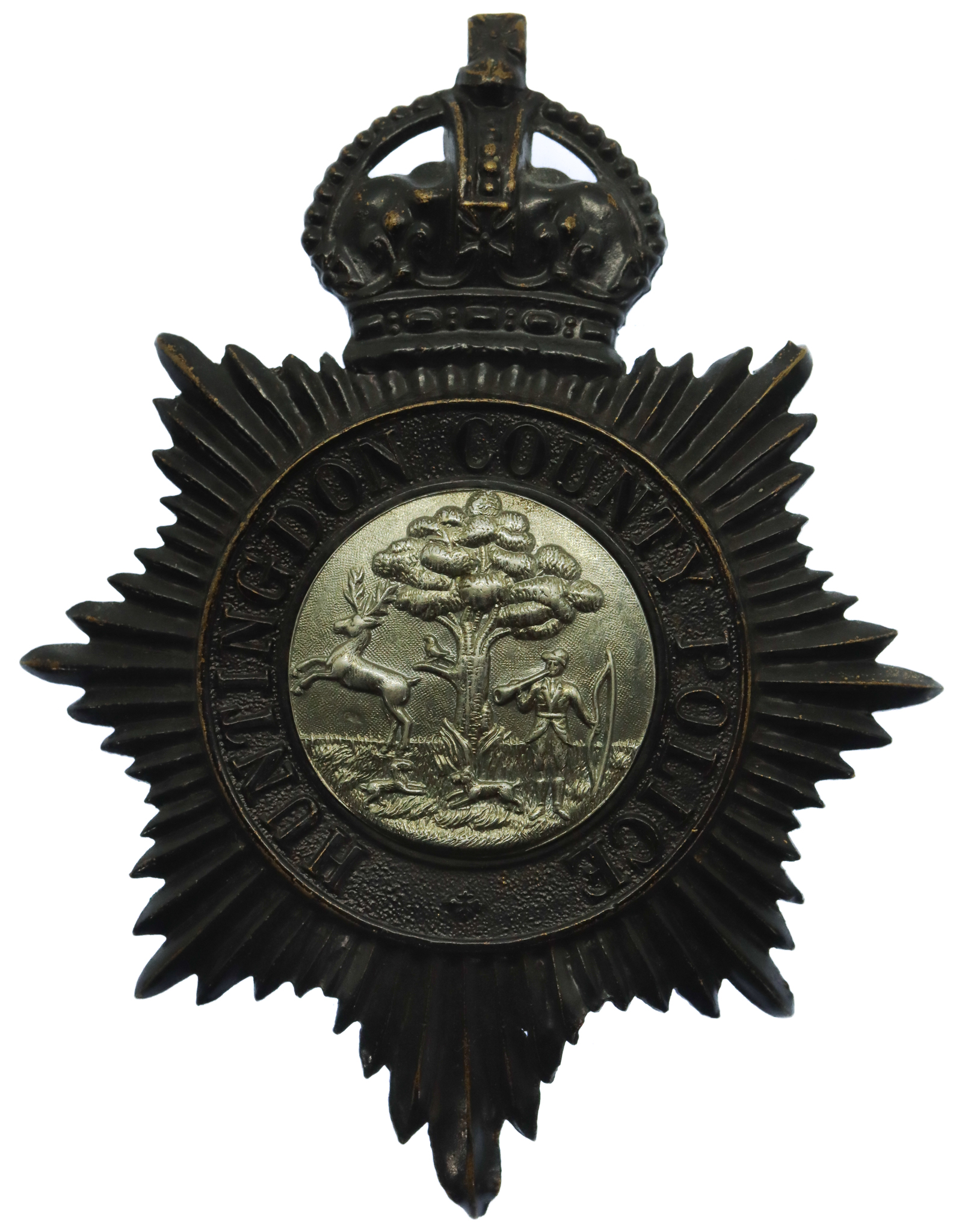 Huntingdon County Police (Huntingdonshire County Constabulary) Black Helmet Plate - King's Crown
