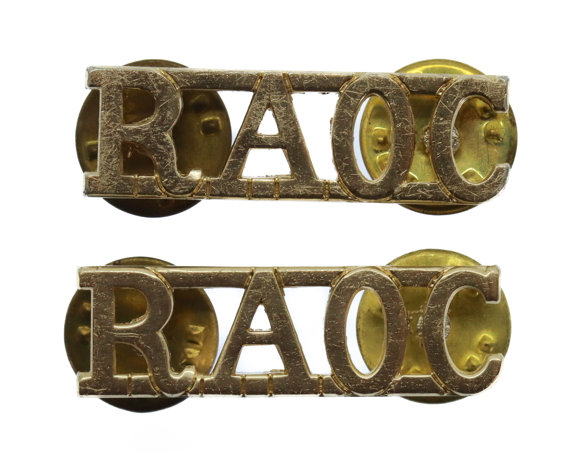 Pair of Royal Army Ordnance Corps (R.A.O.C.) Anodised (Staybrite) Shoulder Titles