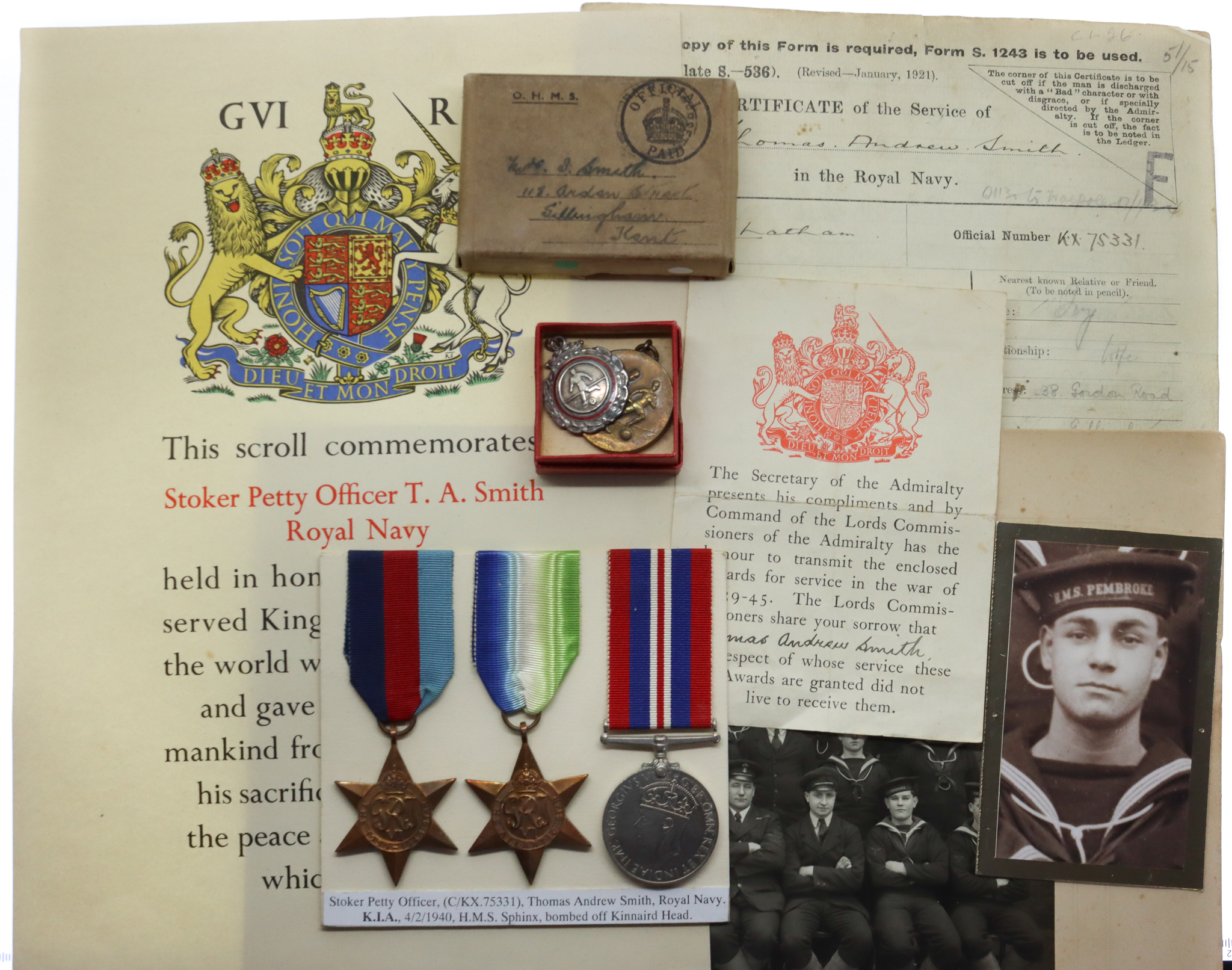 WW2 Casualty Medal Group of Three with Original Documents – Stoker Petty Officer T.A. Smith, Royal Navy, HMS Sphinx – K.I.A. 4/2/40