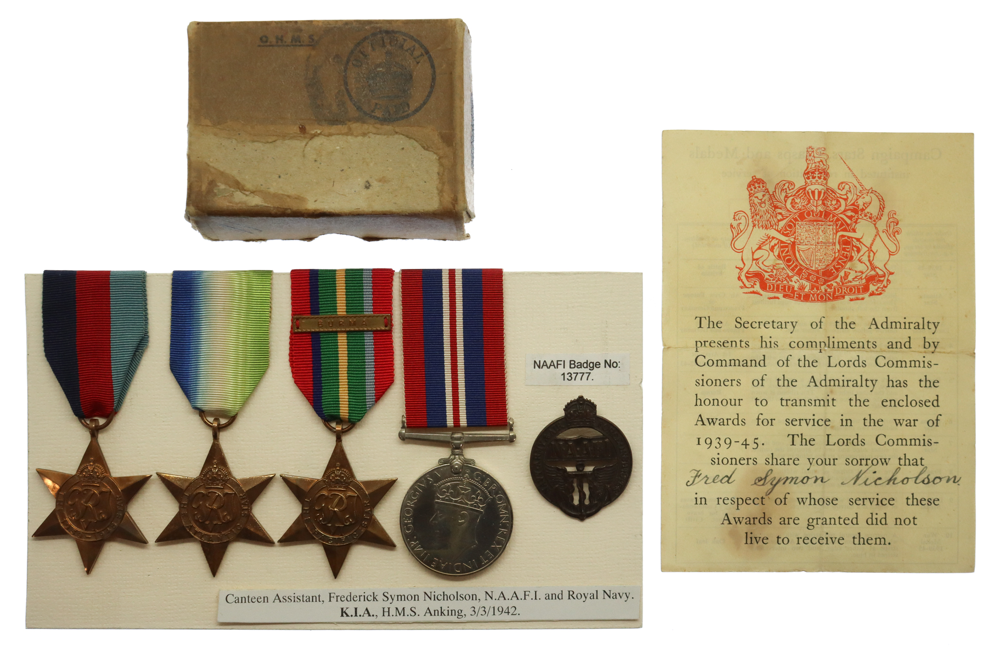 WW2 Casualty Medal Group with Condolence Slip - Canteen Assistant F.S. Nicholson, N.A.A.F.I., HMS Anking - K.I.A. 3/3/1942