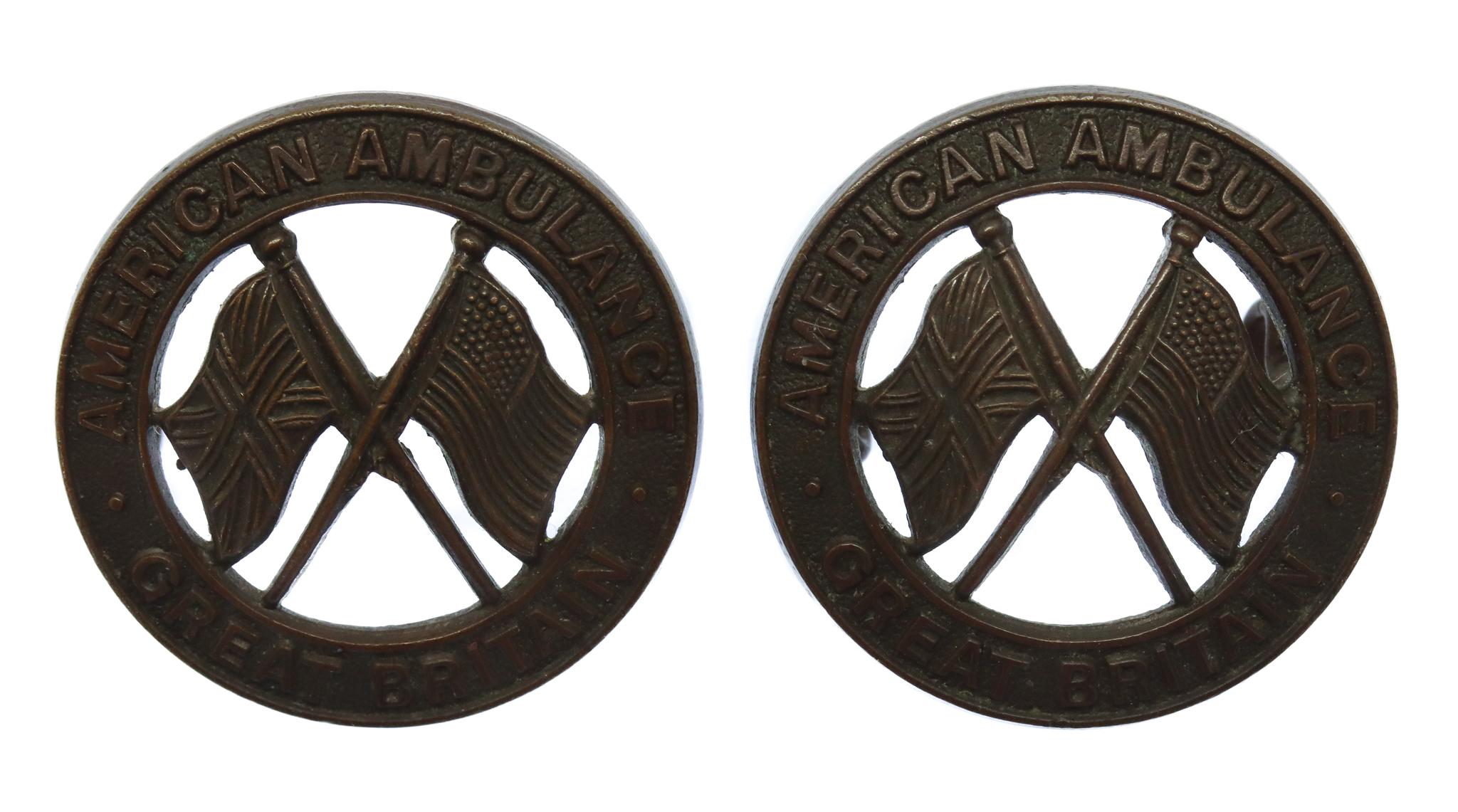 Pair of WW2 American Ambulance Great Britain Collar Badges