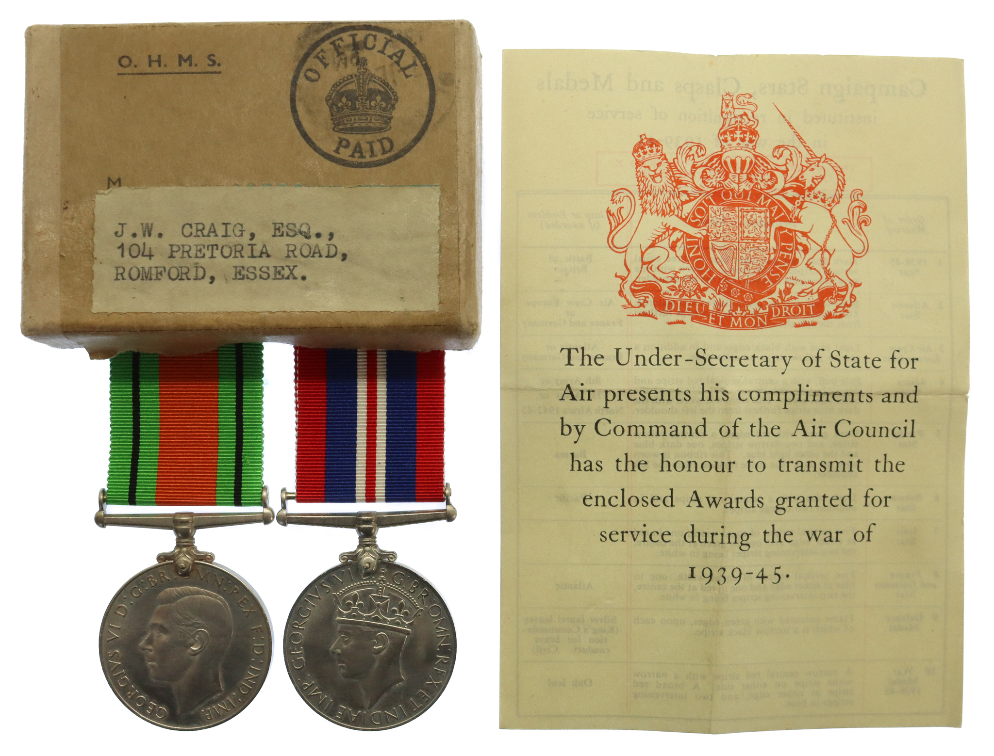 WW2 Defence and War Medal with Air Ministry Box and Entitlement Slip - J.W. Craig