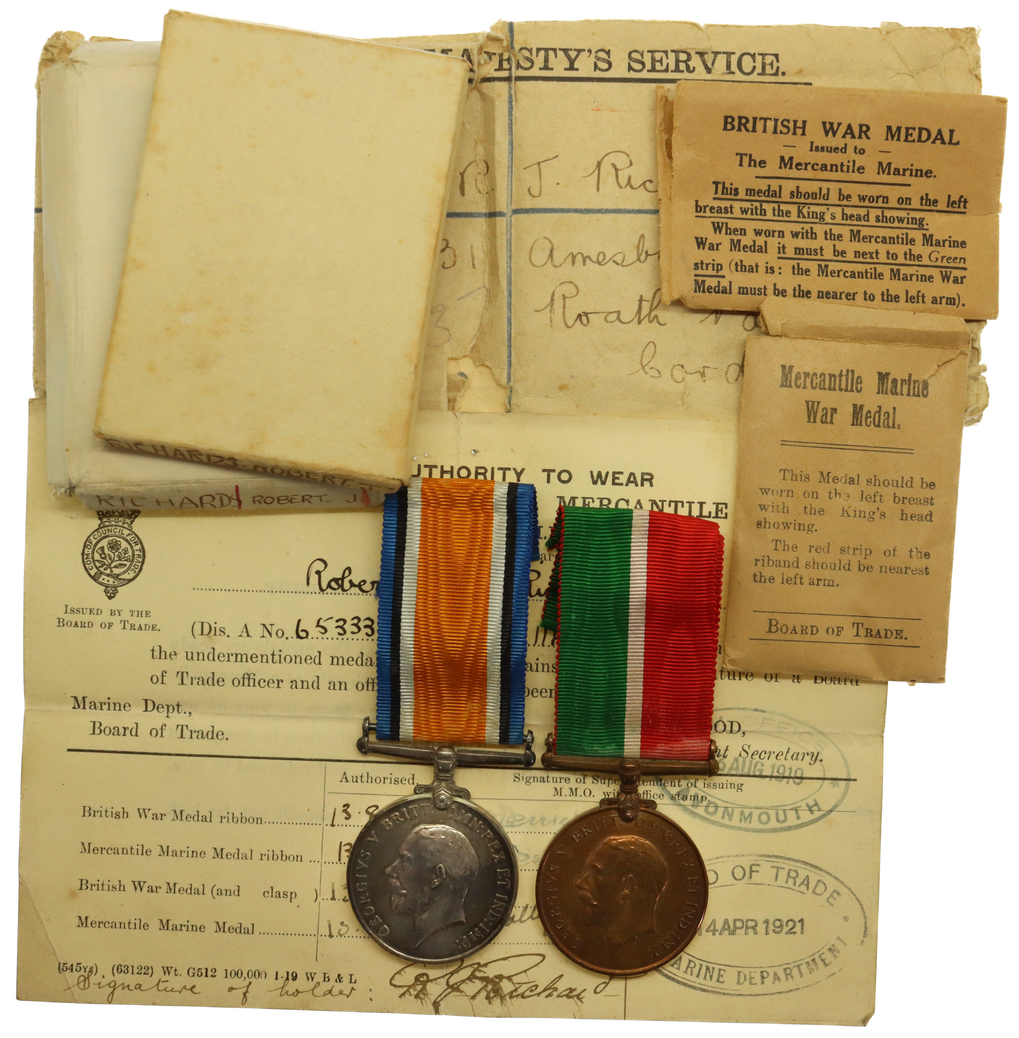 WW1 Mercantile Marine Medal Pair - Robert J. Richards