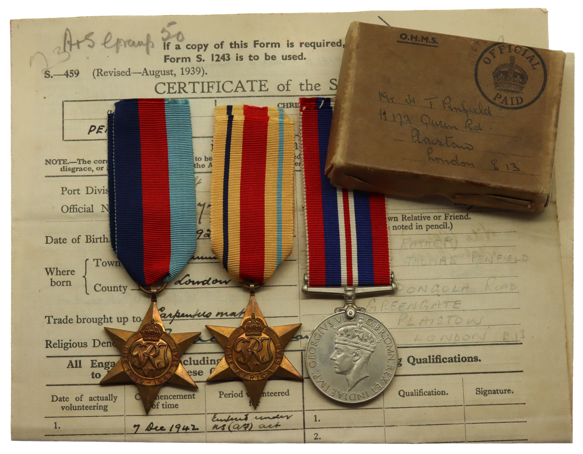 WW2 Medal Group of Three with Original Certificate of Service and Box of Issue - Smn. H.T. Penfield, Royal Navy