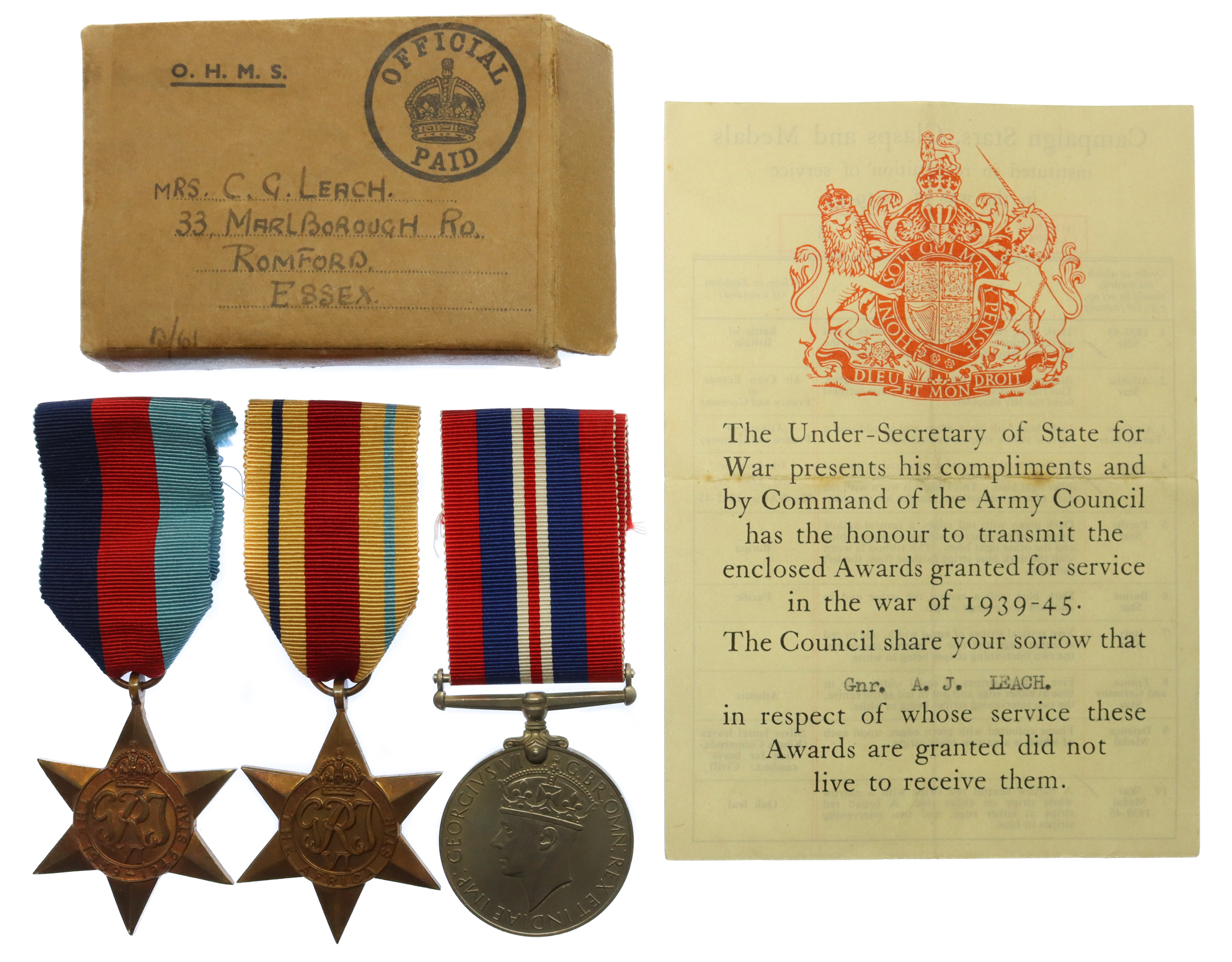 WW2 El Alamein Casualty Medal Group of Three - Gnr. A.G. Leach, 4 Field Regt, Royal Artillery - Died of Wounds 23/7/42