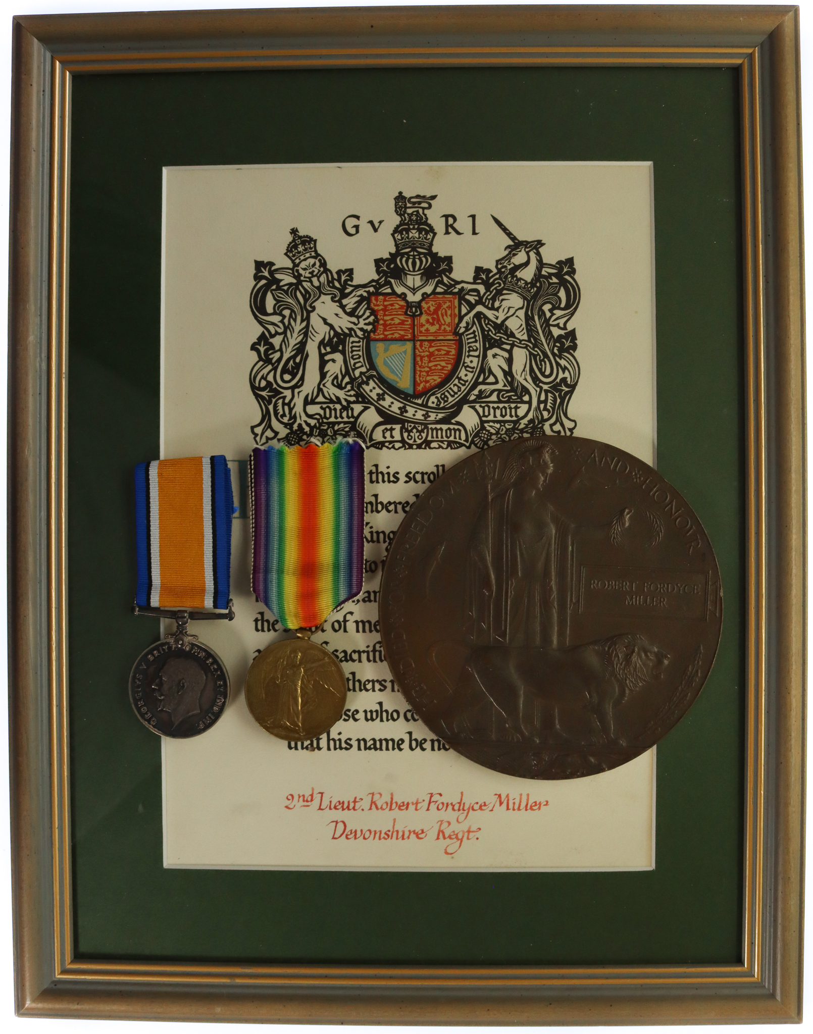 WW1 British War Medal, Victory Medal, Memorial Plaque & Scroll - 2nd Lieutenant Robert Fordyce Miller, 9th Bn. Devonshire Regiment