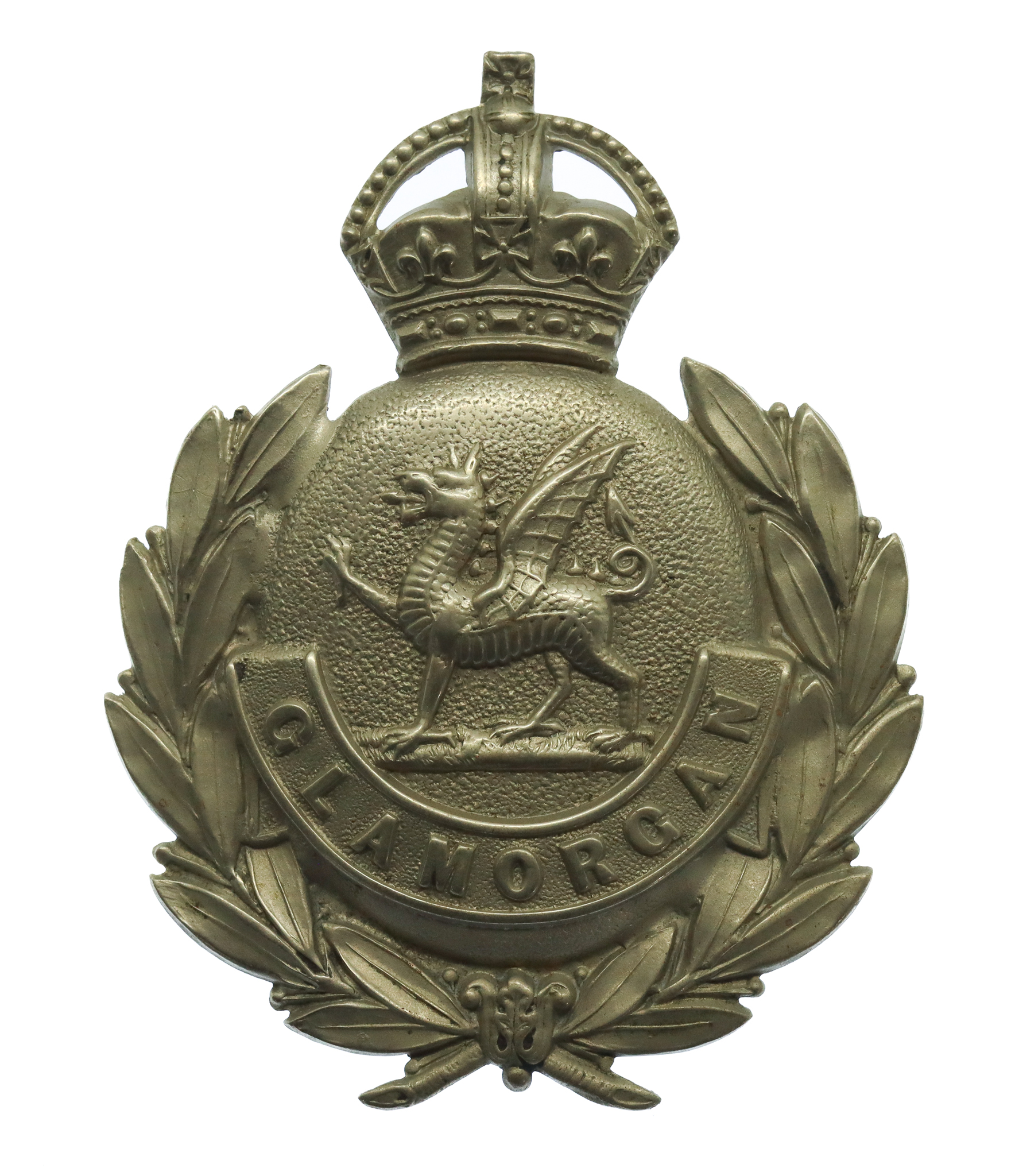 Glamorgan Constabulary White Metal Wreath Cap Badge - King's Crown