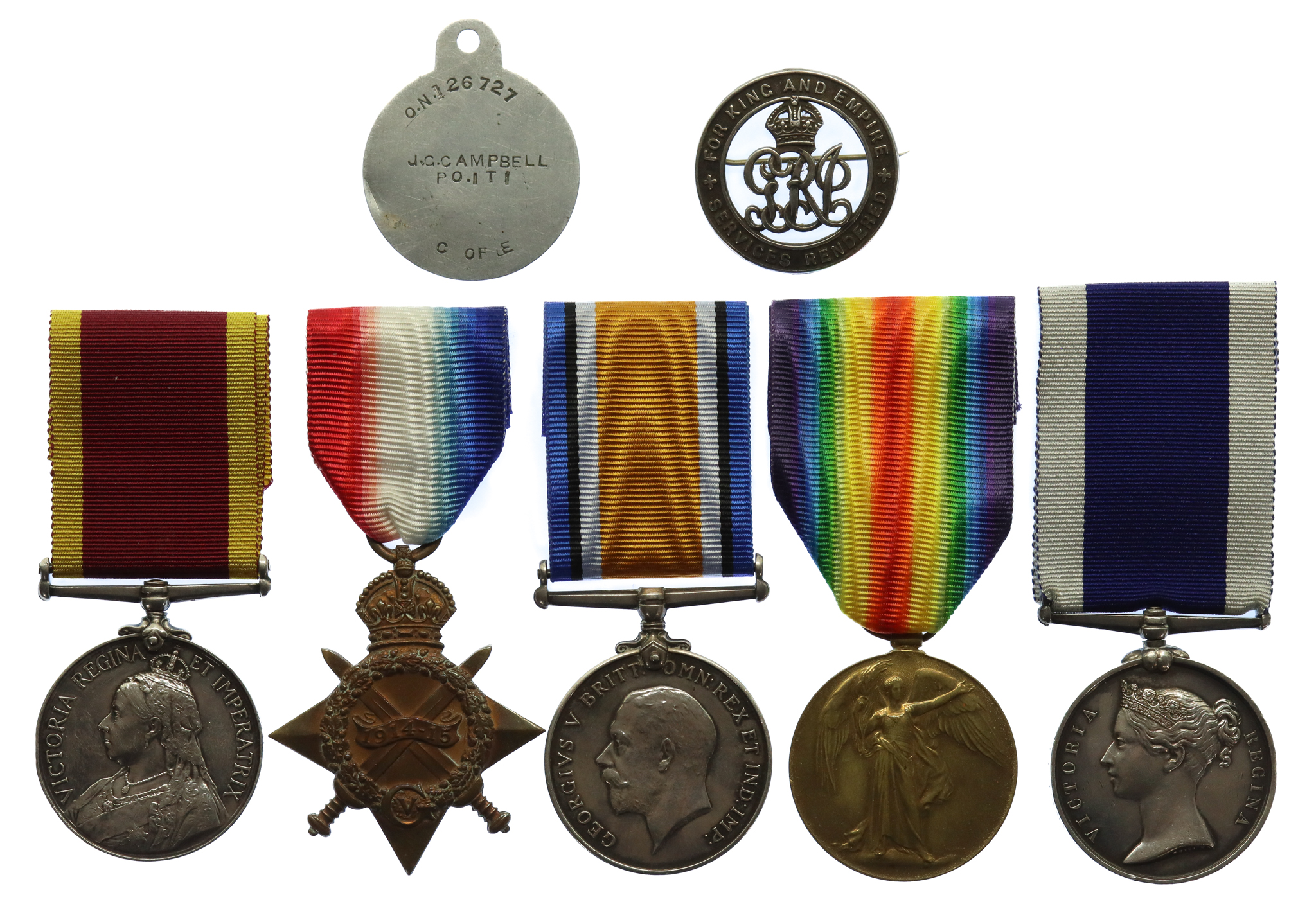 China 1900, WW1 1914-15 Star Trio and RN Long Service & Good Conduct Medal Group of Five with Silver War Badge and Dog Tag - Petty Officer J.G. Campbell, Royal Navy