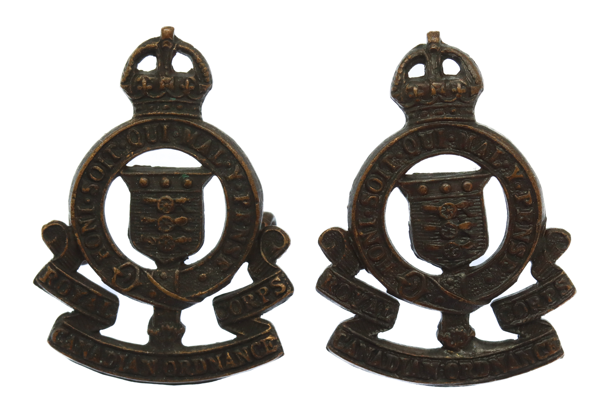 Pair of Royal Army Ordnance Corps (R.A.O.C.) Officer's Service Dress Collar Badges - King's Crown