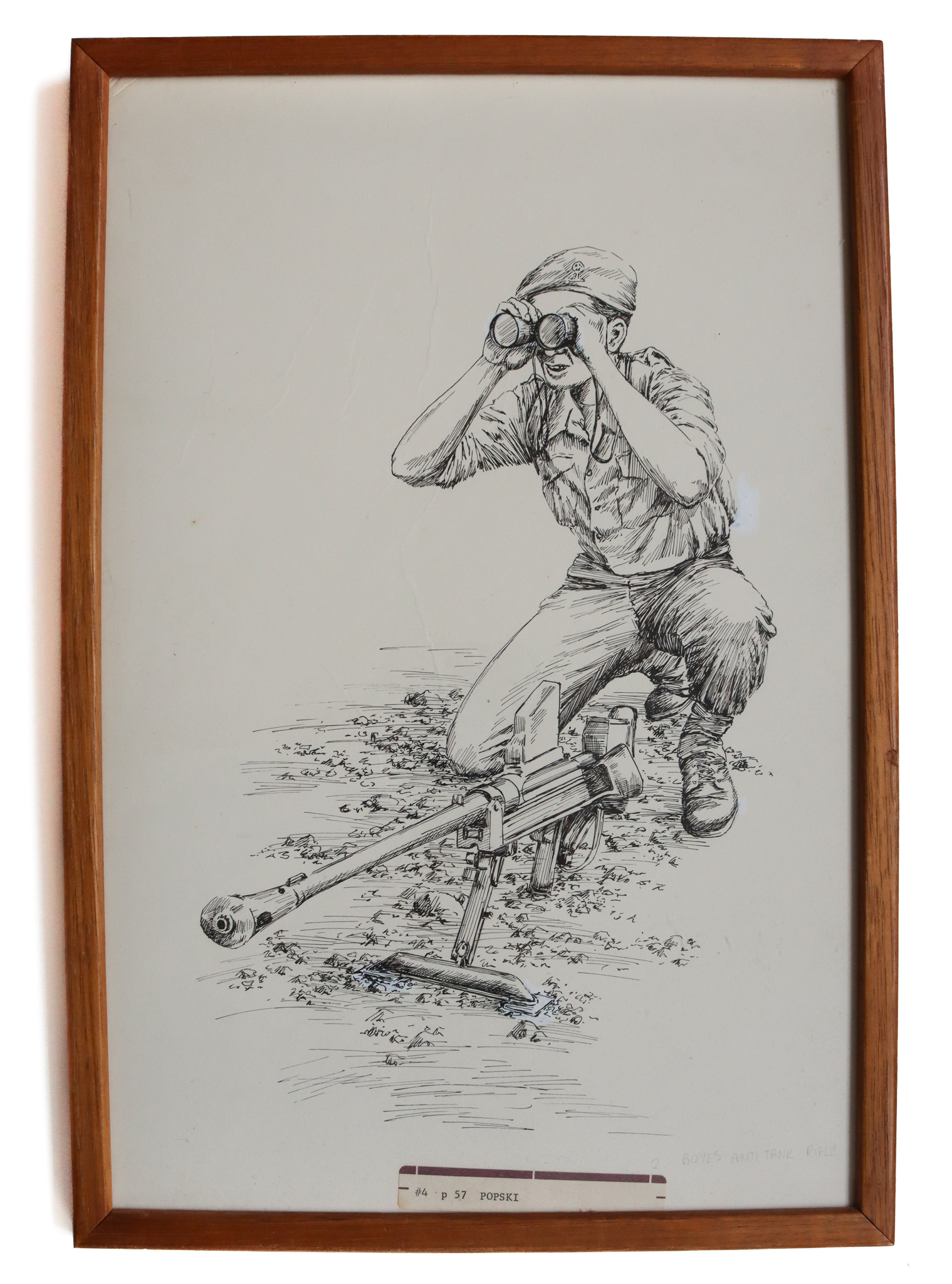 Original Framed Pen and Ink Drawing of a Popski's Private Army Soldier with a Boyes Anti-Tank Rifle