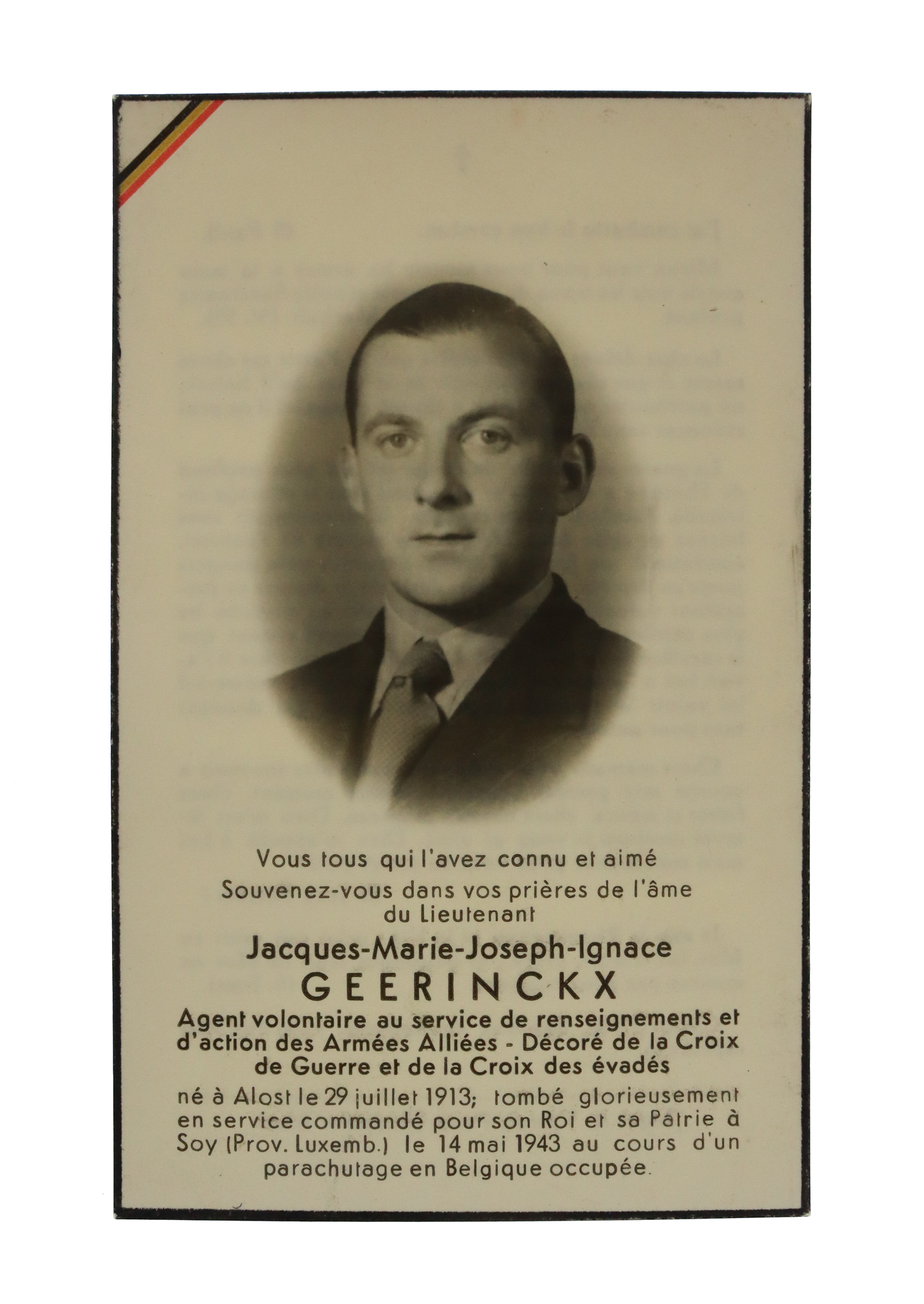 WW2 Belgian Resistance Member Death Card - Jacques Marie Joseph Ignace Geerinckx