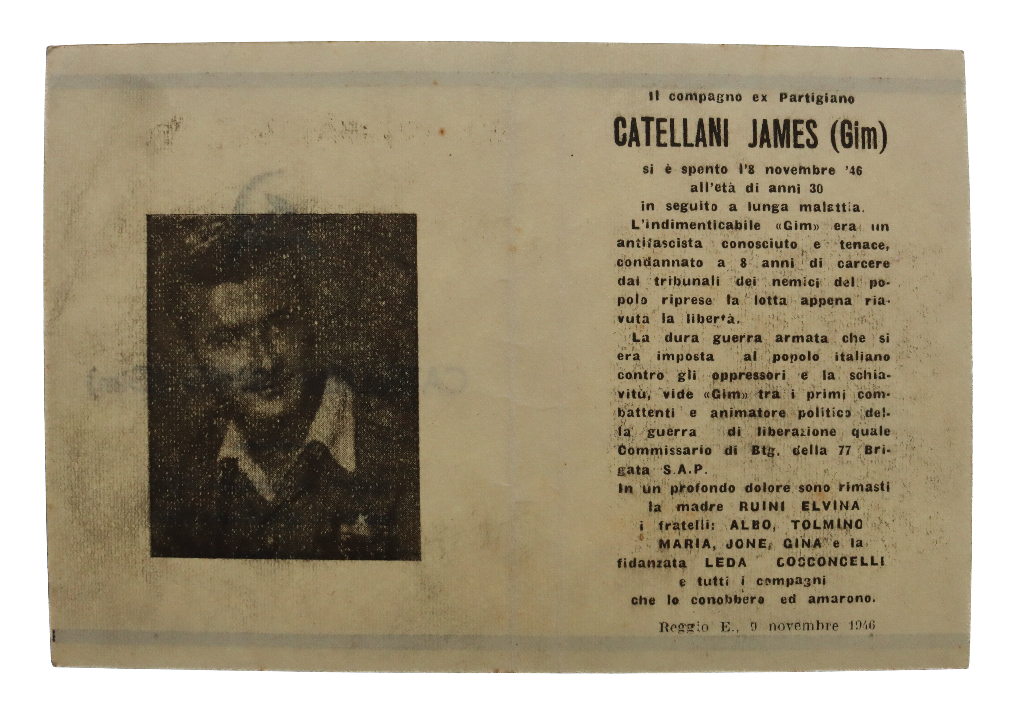 WW2 Italian Resistance Member Death Card - James Catellani