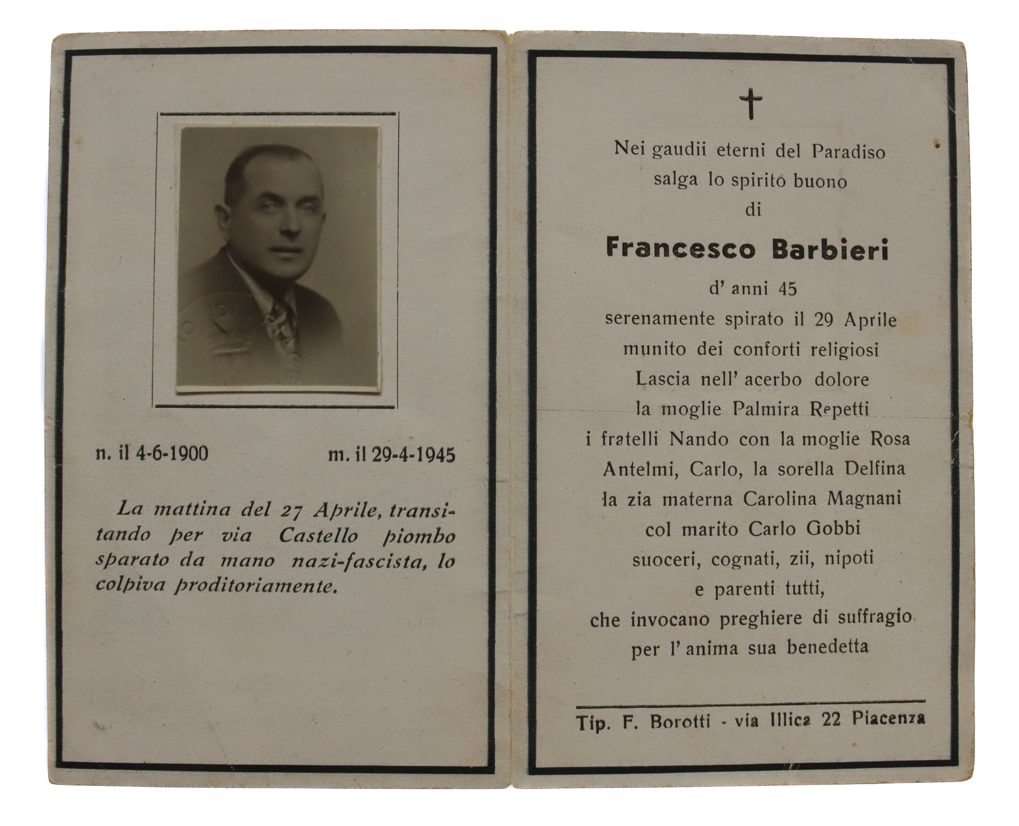WW2 Italian Resistance Member Death Card - Francesco Barbieri