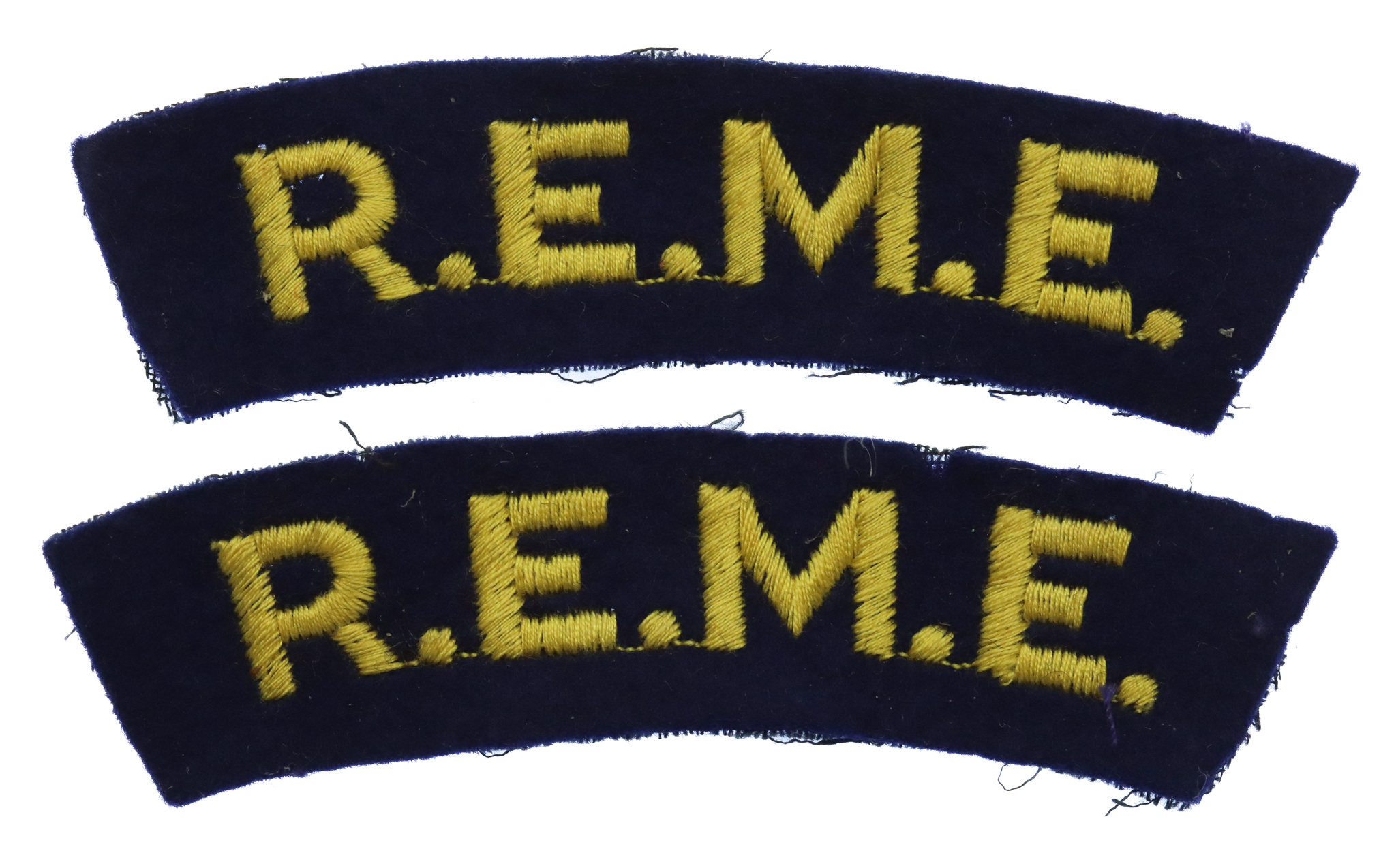 Pair of Royal Electrical & Mechanical Engineers (R.E.M.E.) Cloth Shoulder Titles
