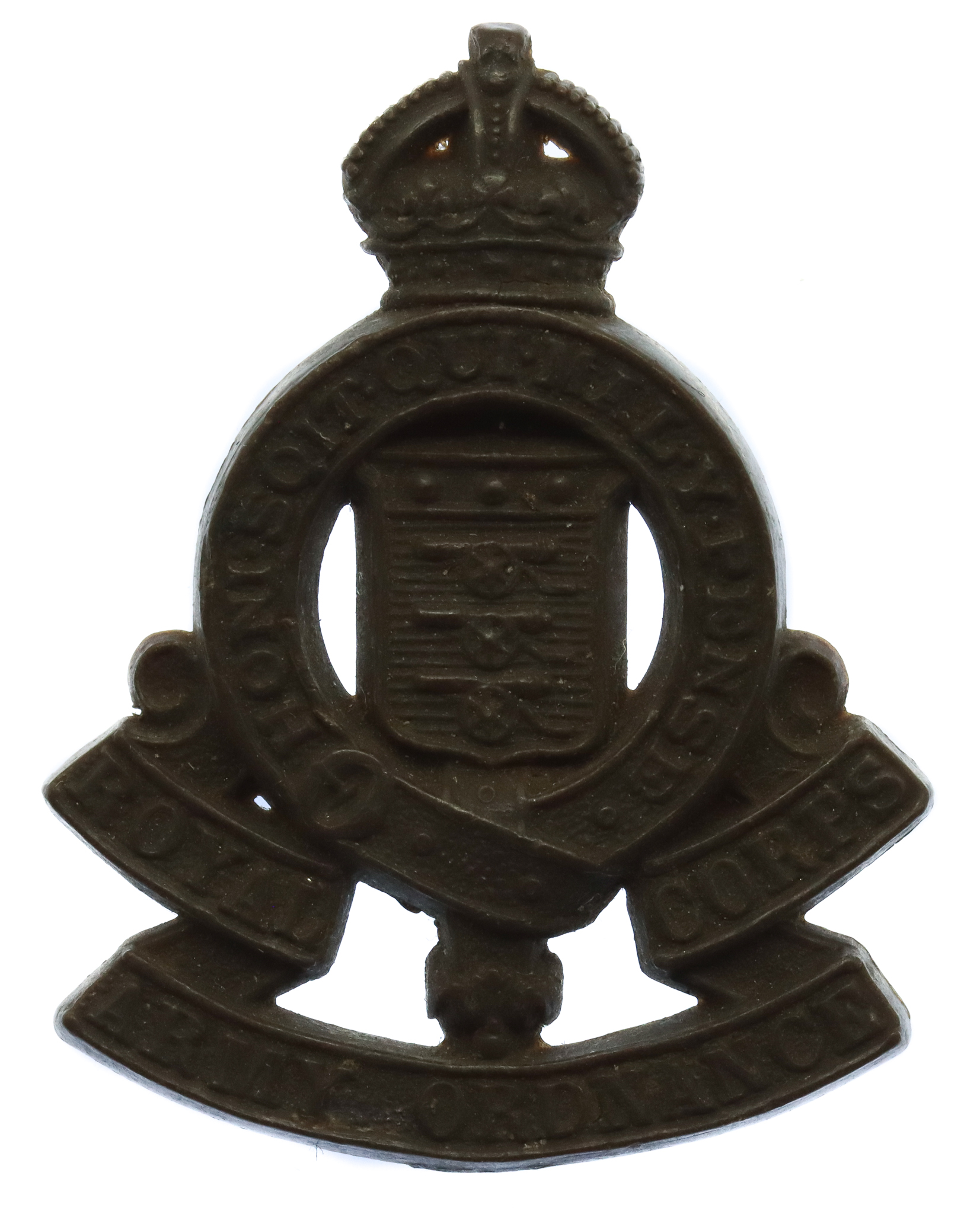 Royal Army Ordnance Corps (R.A.O.C.) WW2 Plastic Economy Cap Badge