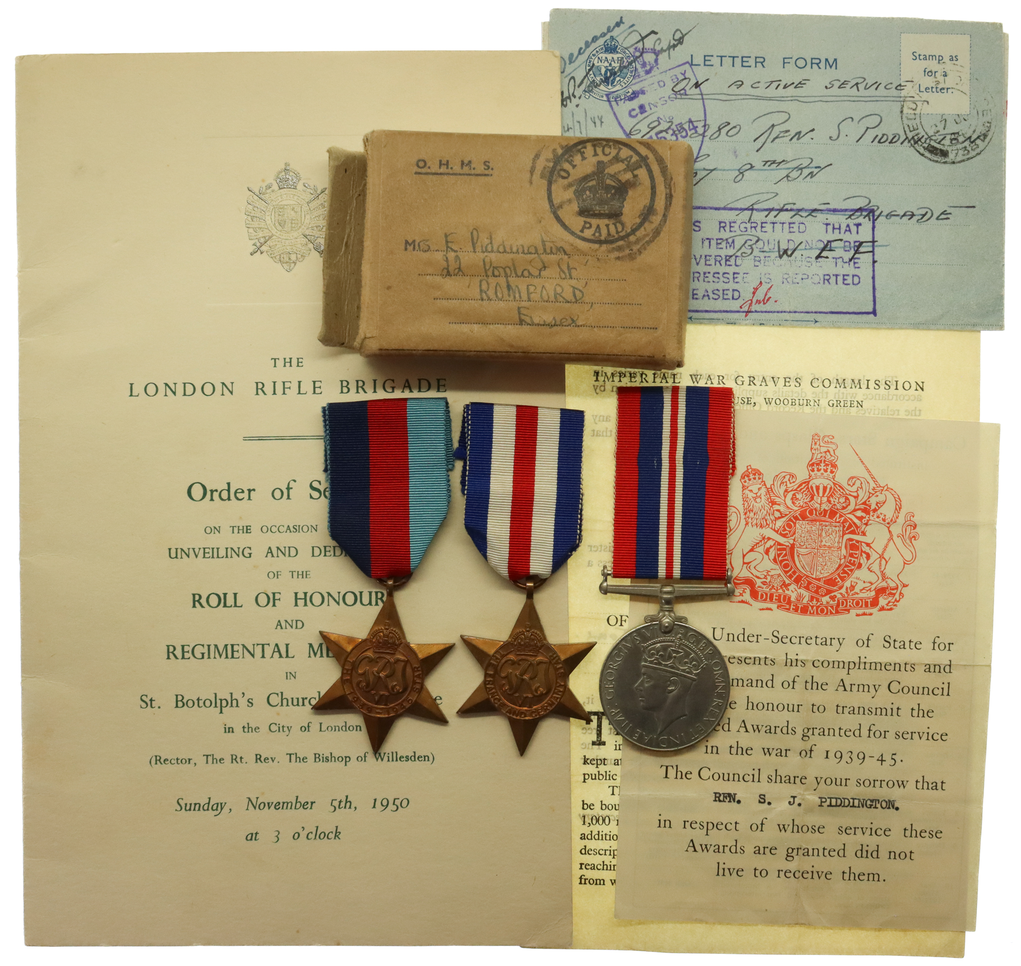WW2 Normandy Operation Epsom Casualty Medal Group of Three - Rfm. S. Piddington, 2nd Bn London Rifle Brigade (8th Bn Rifle Brigade) - K.I.A. 28/6/44