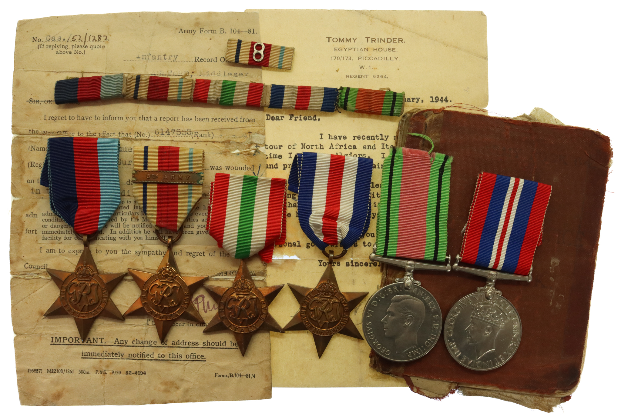 WW2 8th Army Medal Group of Six with Pay Book and Documents - Pte. W.S. Baulch, East Surrey Regiment & Royal Norfolk Regiment - Wounded in Action