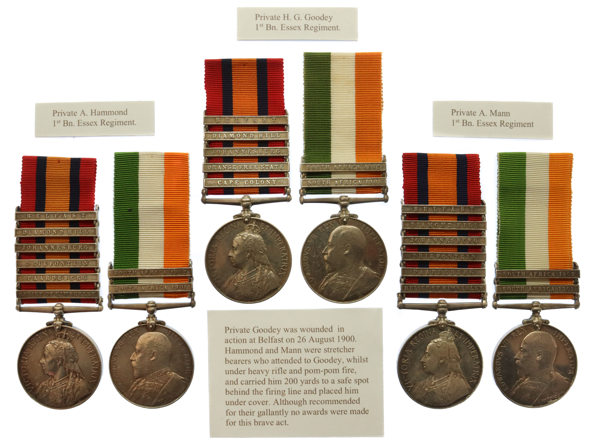 The Boer War Medals of Private H. G. Goodey, Essex Regiment, together with those of Privates A. Hammond and A. Mann, Essex Regiment, who gallantly rescued Goodey, when wounded, during the action at Belfast, 26 August 1900