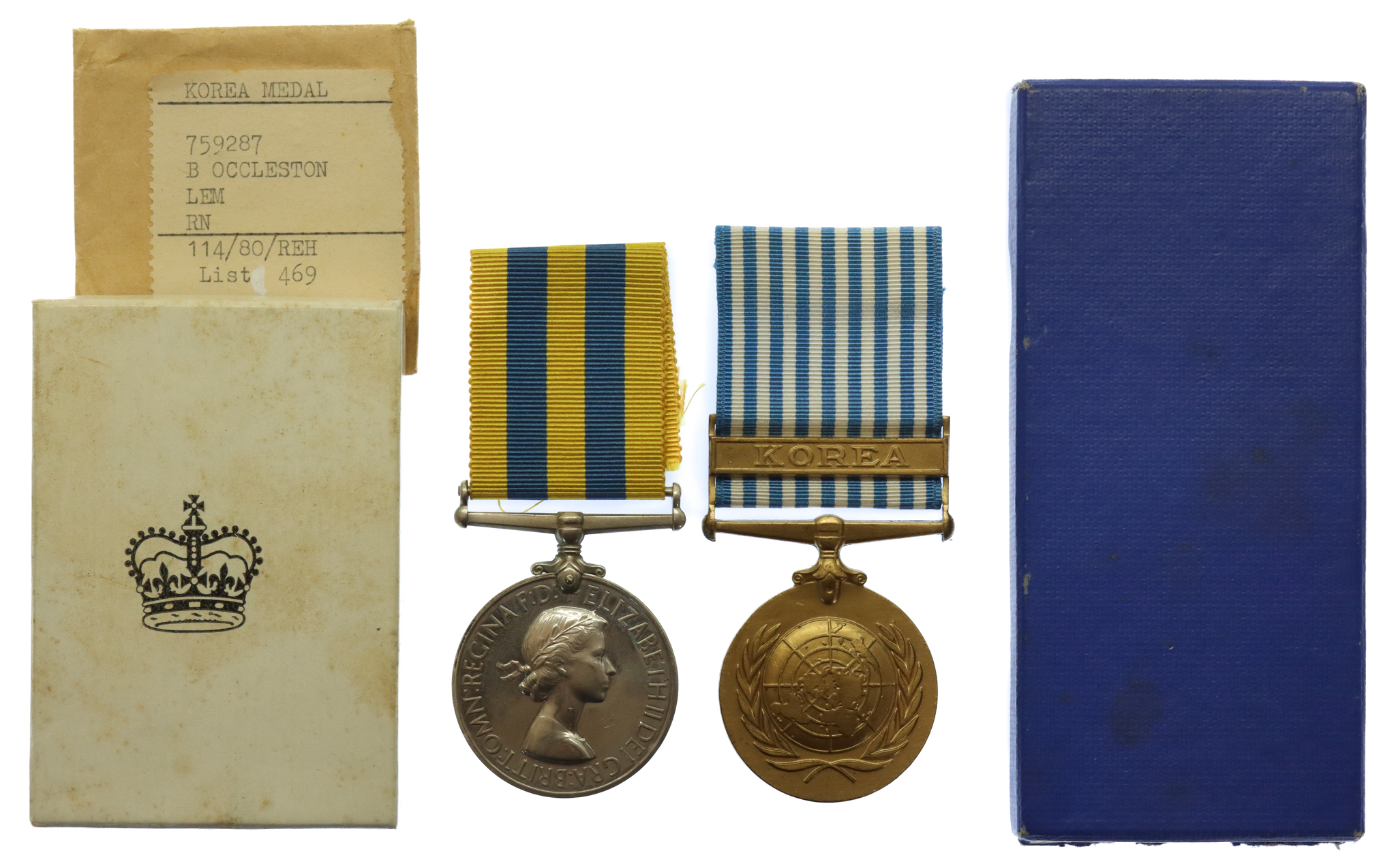 Queen's Korea and UN Korea Medal Pair - B. Occleston, LEM, Royal Navy