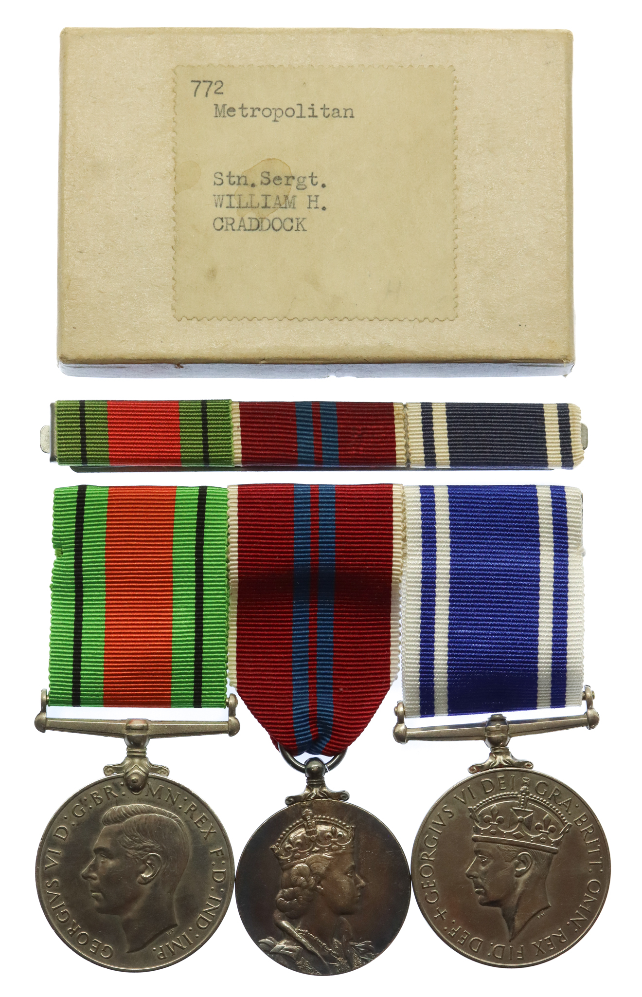 WW2 Defence Medal, 1953 Coronation Medal and Police Long Service & Good Conduct Medal Group of Three - St. Sergt. W.H. Craddock, Metropolitan Police