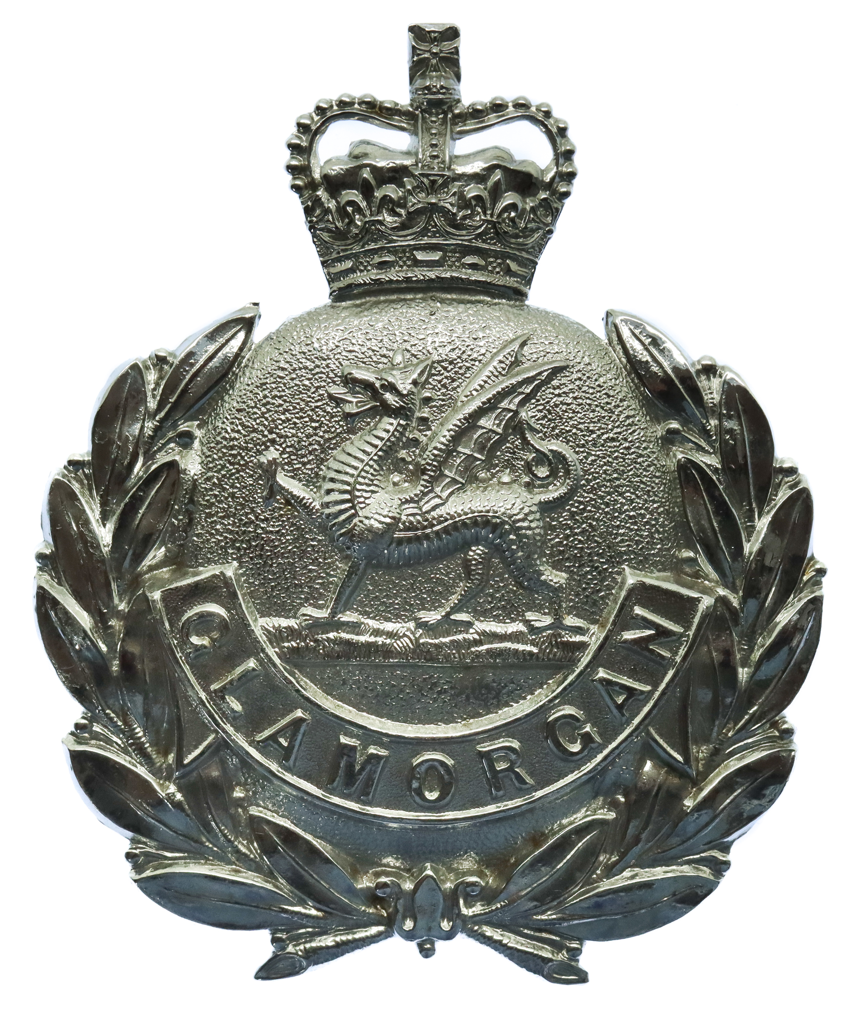 Glamorgan Constabulary Chrome Wreath Helmet Plate - Queen's Crown