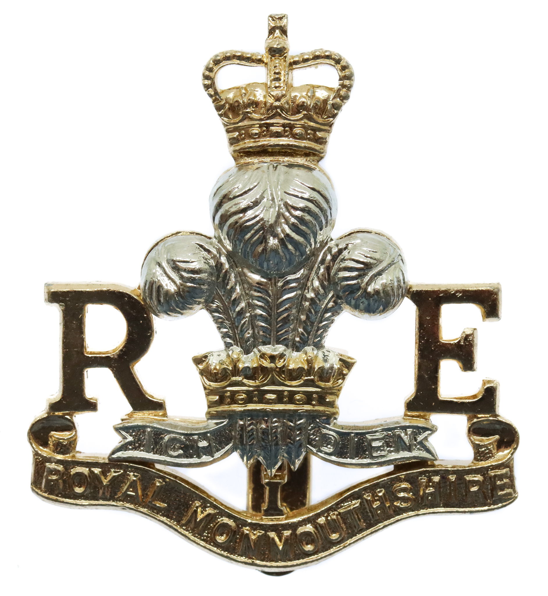 Royal Monmouthshire Royal Engineers Anodised (Staybrite) Cap Badge - Queen's Crown