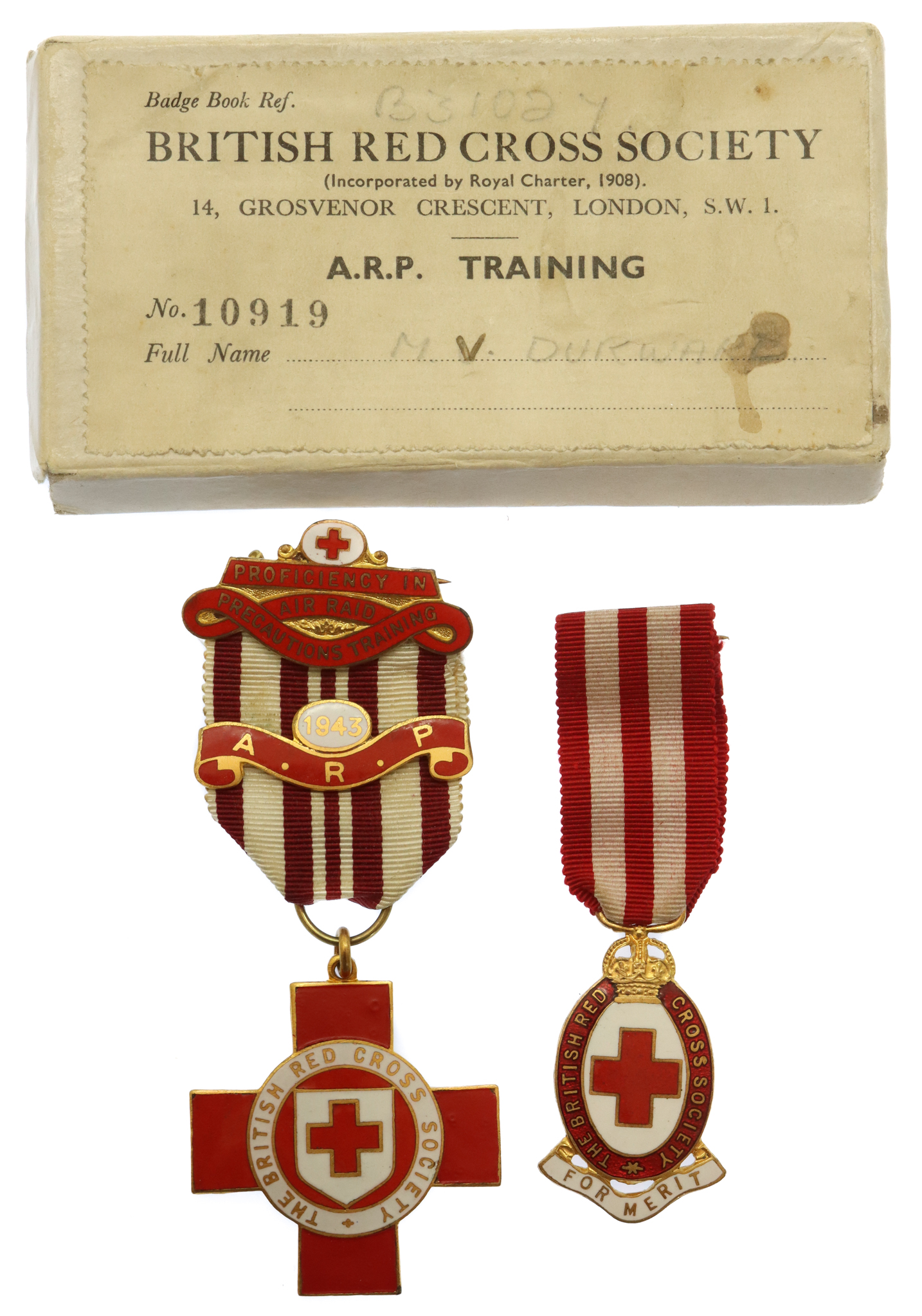 British Red Cross Society Proficiency Medal and Merit Medal Pair - M.V. Durward