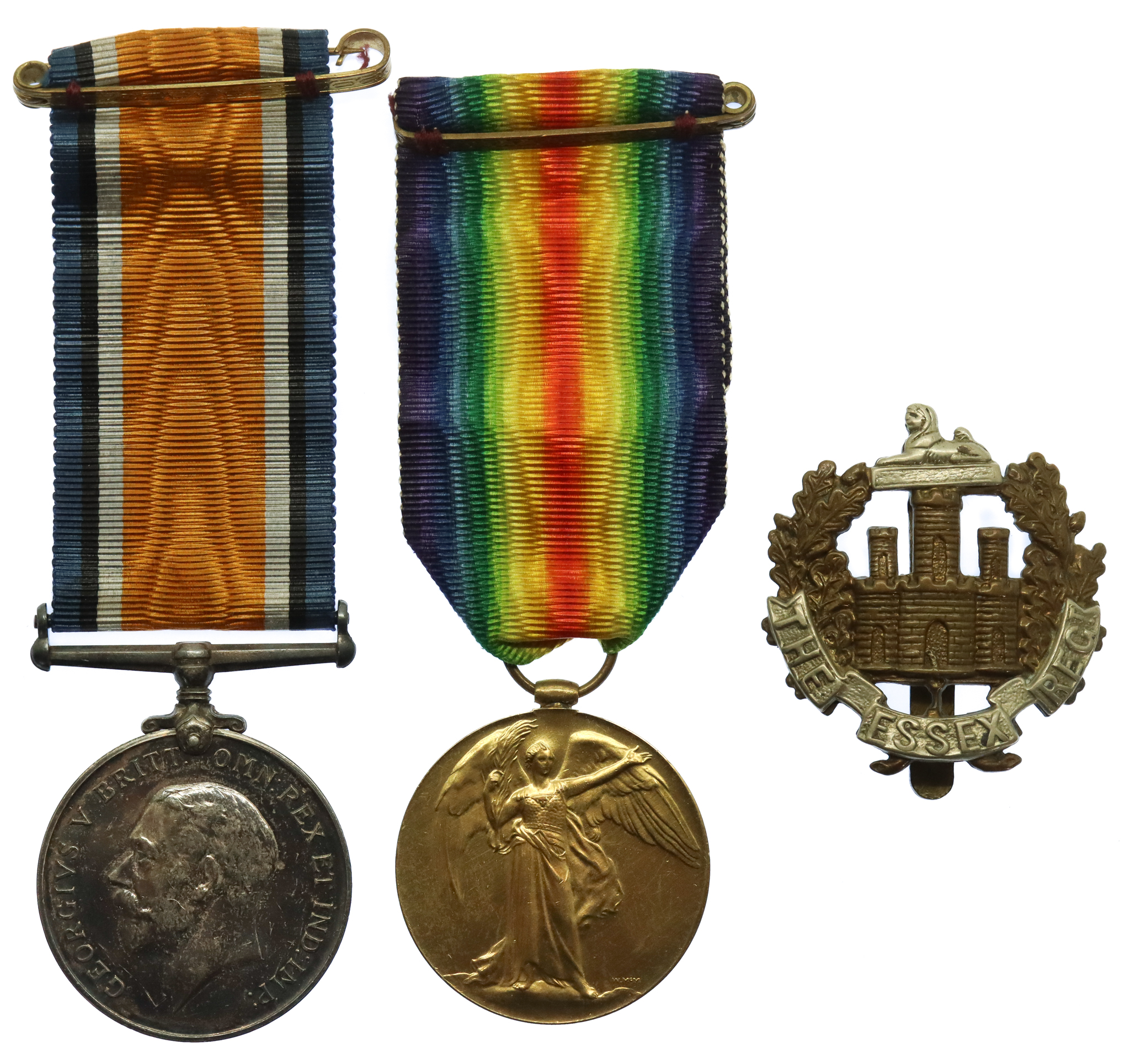WW1 British War & Victory Medal Pair with Cap Badge - Pte. F.G. Legg, 8th (Cyclist) Bn. Essex Regiment