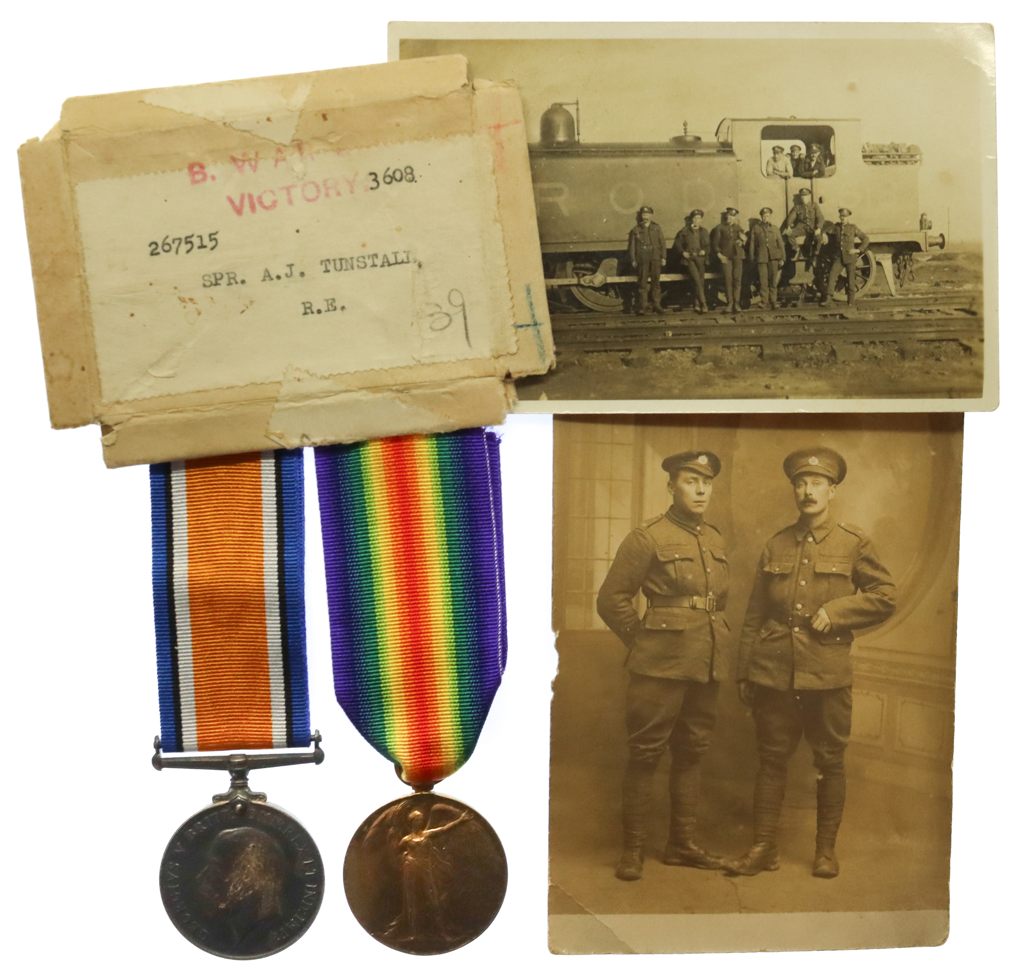 WW1 British War & Victory Medal Pair with Box of Issue and Photos - Spr. A.J. Tunstall, Royal Engineers