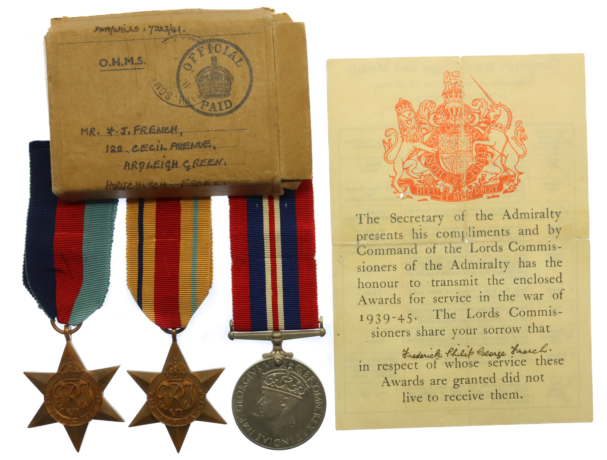 WW2 HMS Calcutta Casualty Medal Group of Three - Sto.1. F.P.G. French, Royal Navy - K.I.A. 1/6/41
