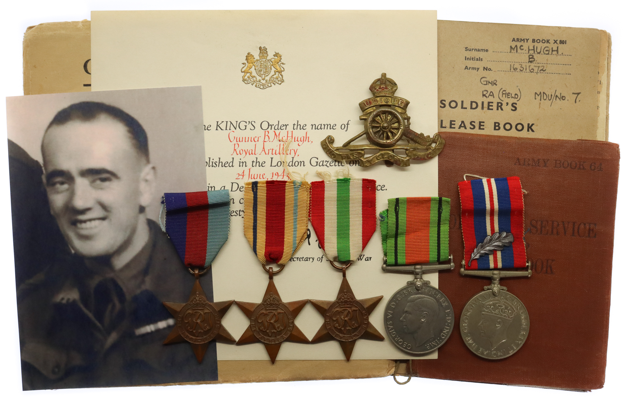 WW2 Malta Mentioned in Despatches Medal Group of Five with Original Documents - Anti-Aircraft Gunner Bernard McHugh, Royal Artillery