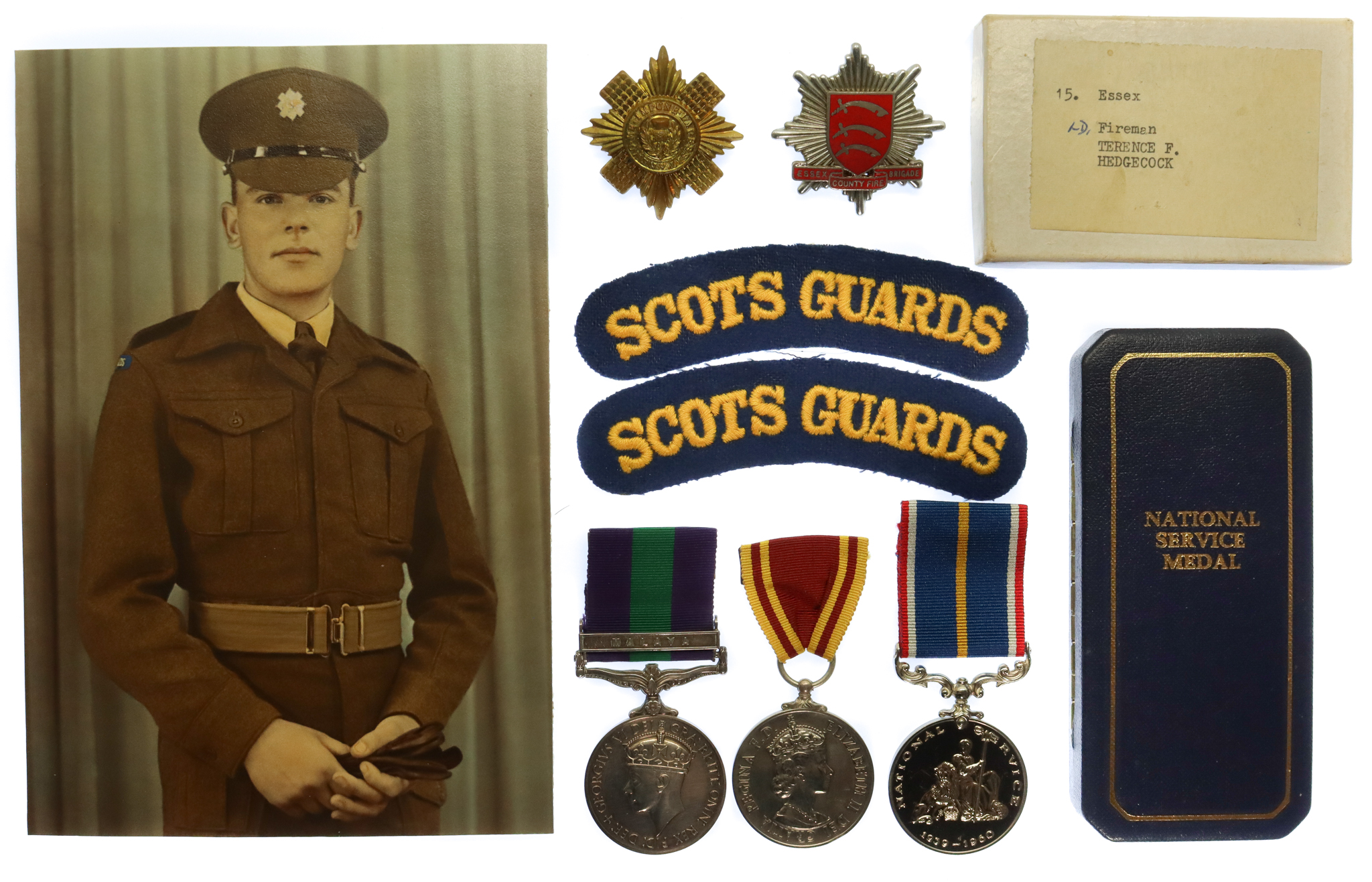 General Service Medal (Clasp - Malaya) and Fire Brigade Long Service Medal Group - Gdsm. T.F. Hedgecock, 2nd Bn. Scots Guards and Essex Fire Brigade