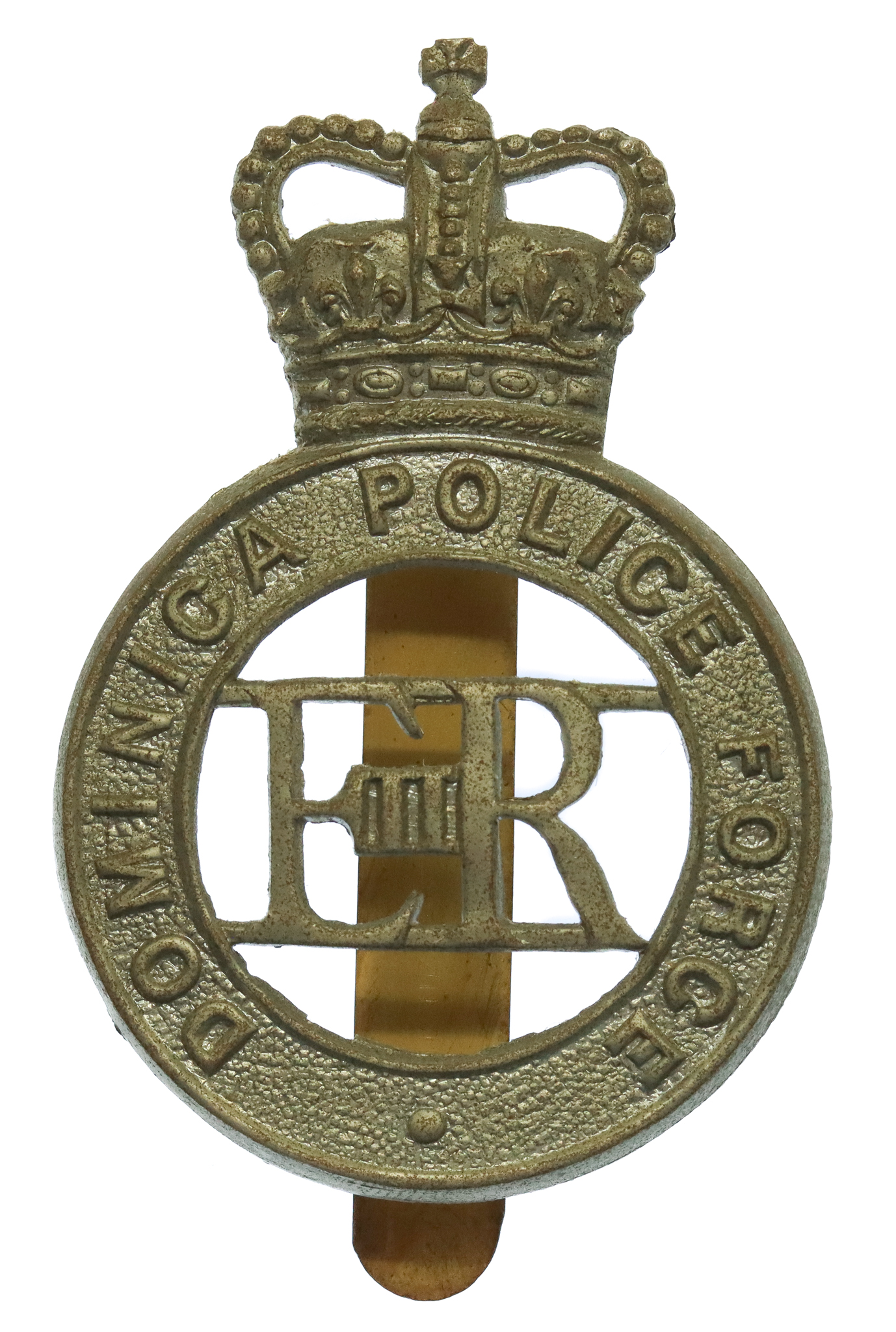 Dominica Police Force White Metal Cap Badge - Queen's Crown