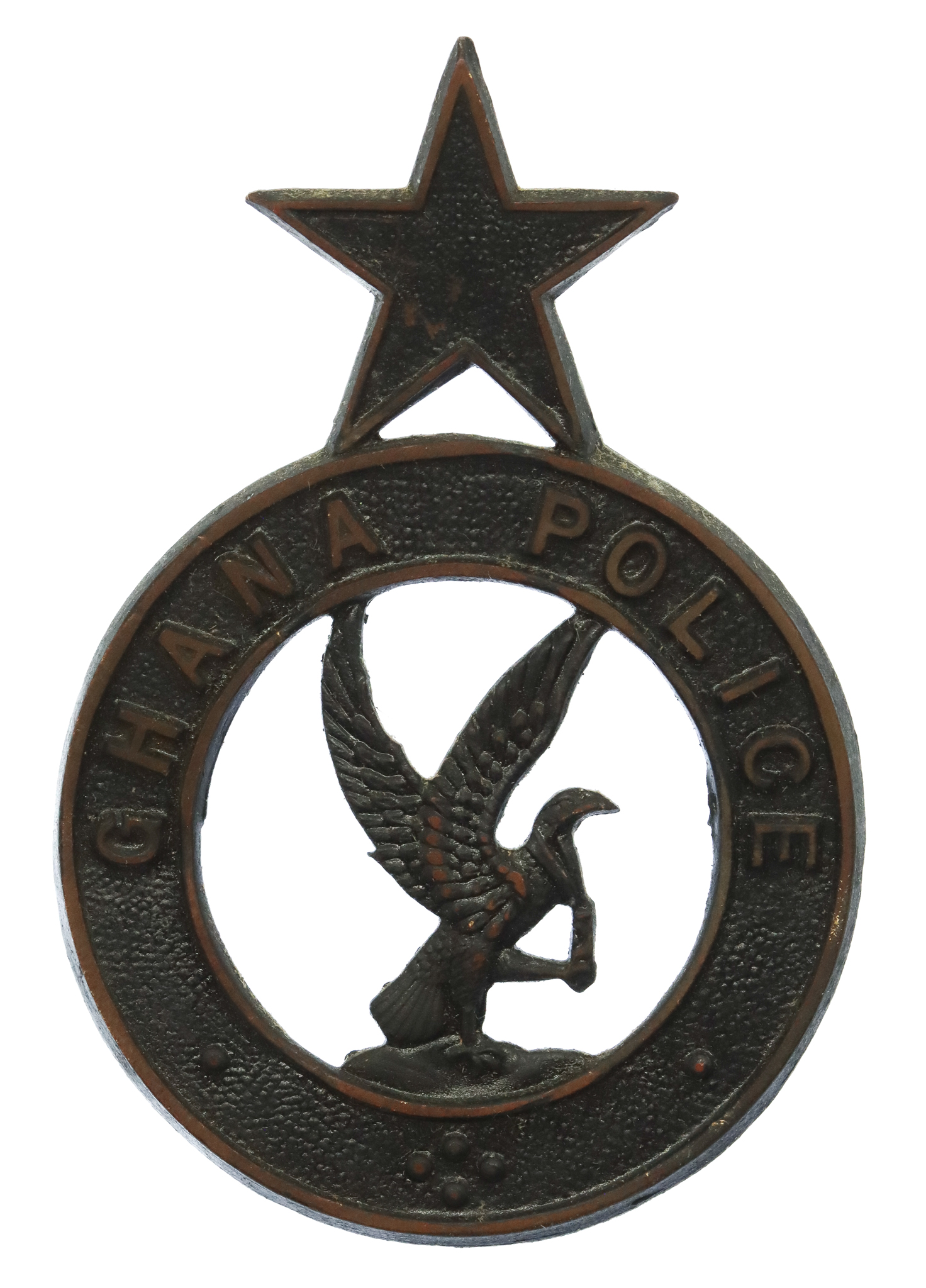 Ghana Police Large Blackened Brass Cap Badge/Helmet Plate