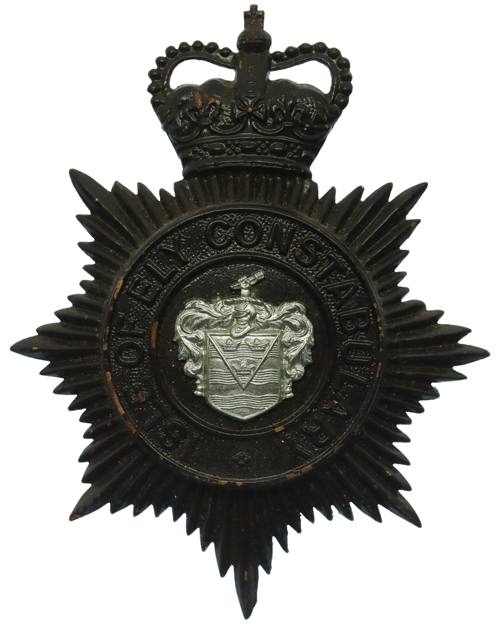 Isle of Ely Constabulary Black Helmet Plate - Queen's Crown