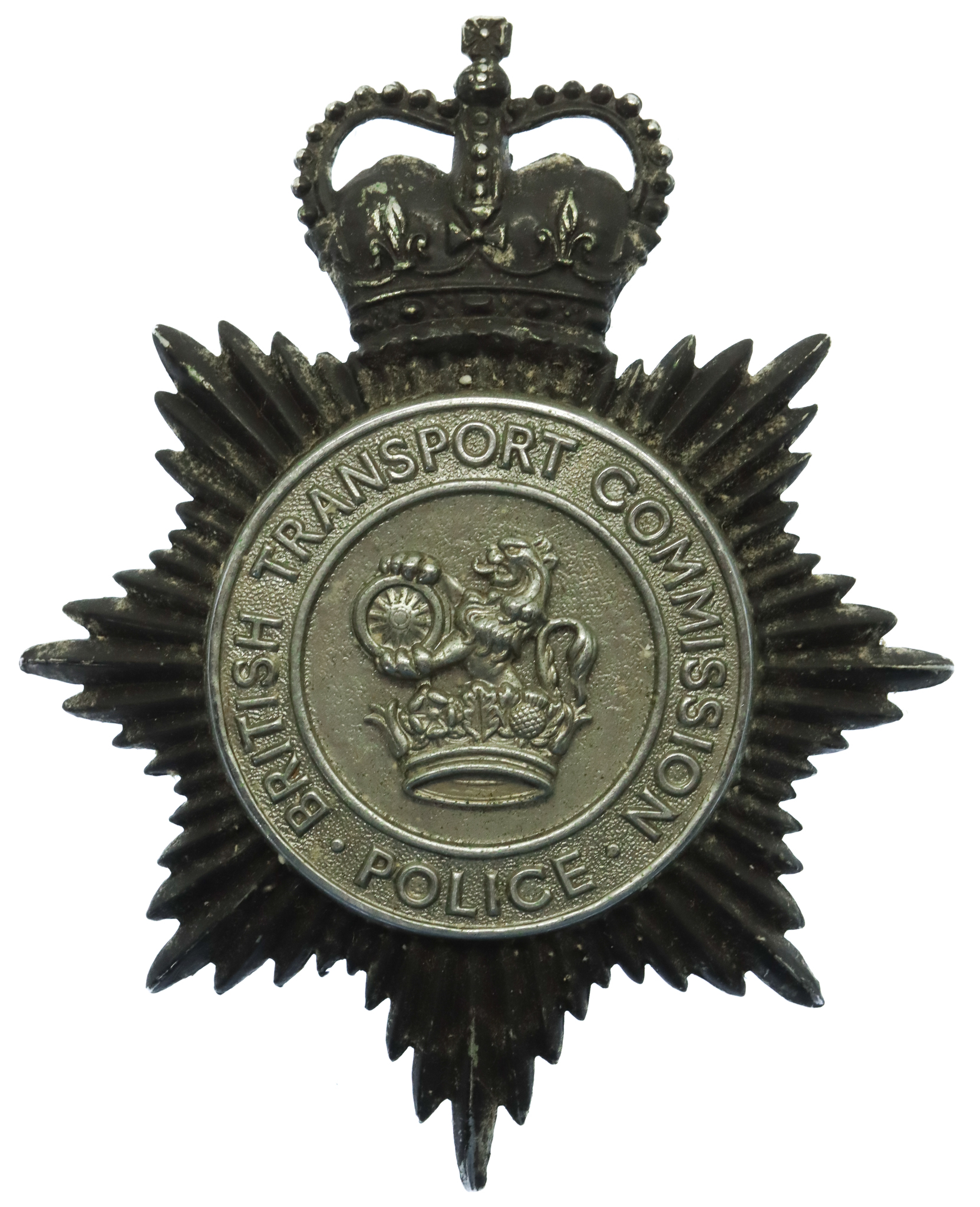 British Transport Commission Police Blackened Chrome Helmet Plate - Queen's Crown
